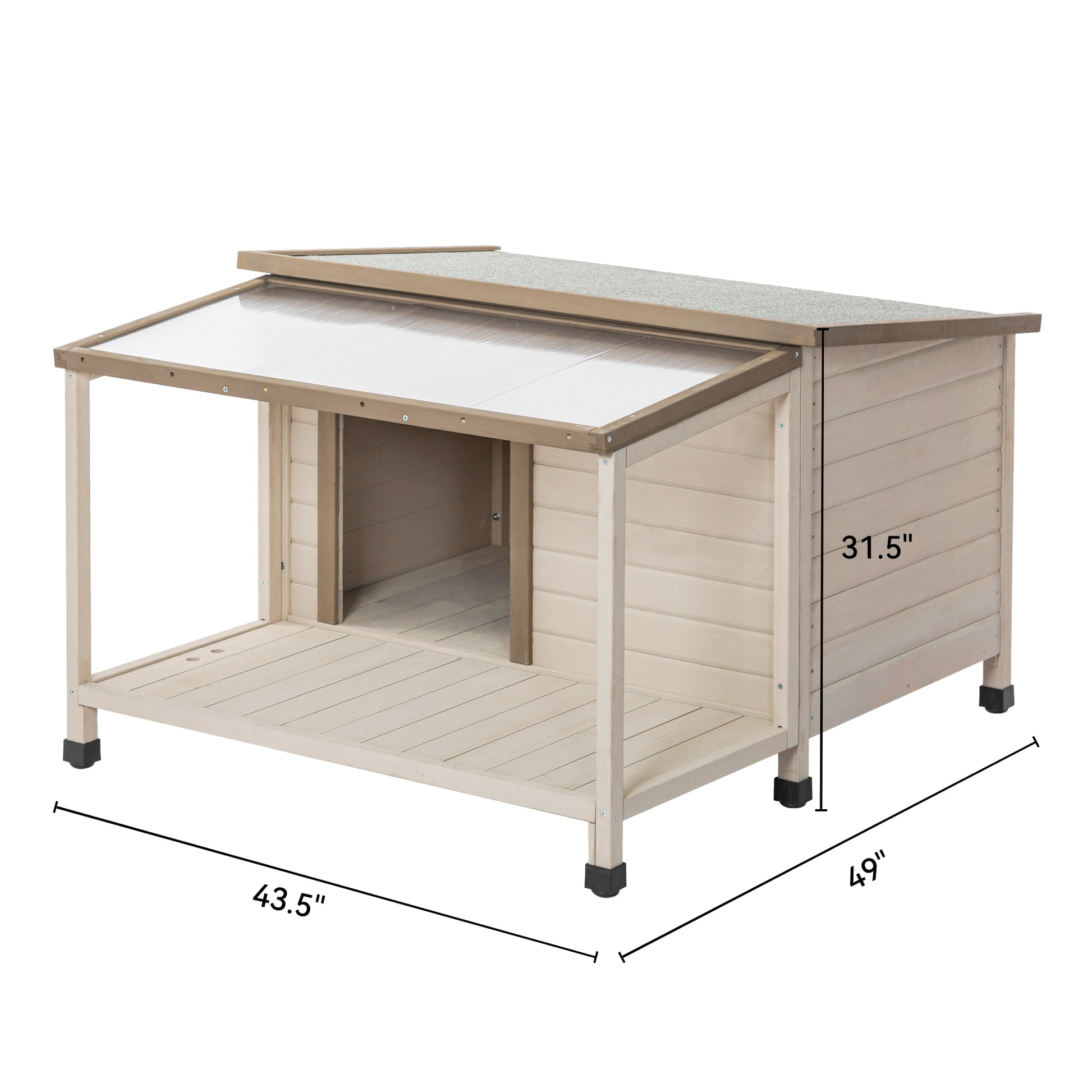 Outdoor Fir Wood Dog House With An Open Roof Ideal For Medium To Large Dogs. Dog House With Large Terrace With Clear Roof.Weatherproof Asphalt Roof And Treated Wood. Cream Solid Wood