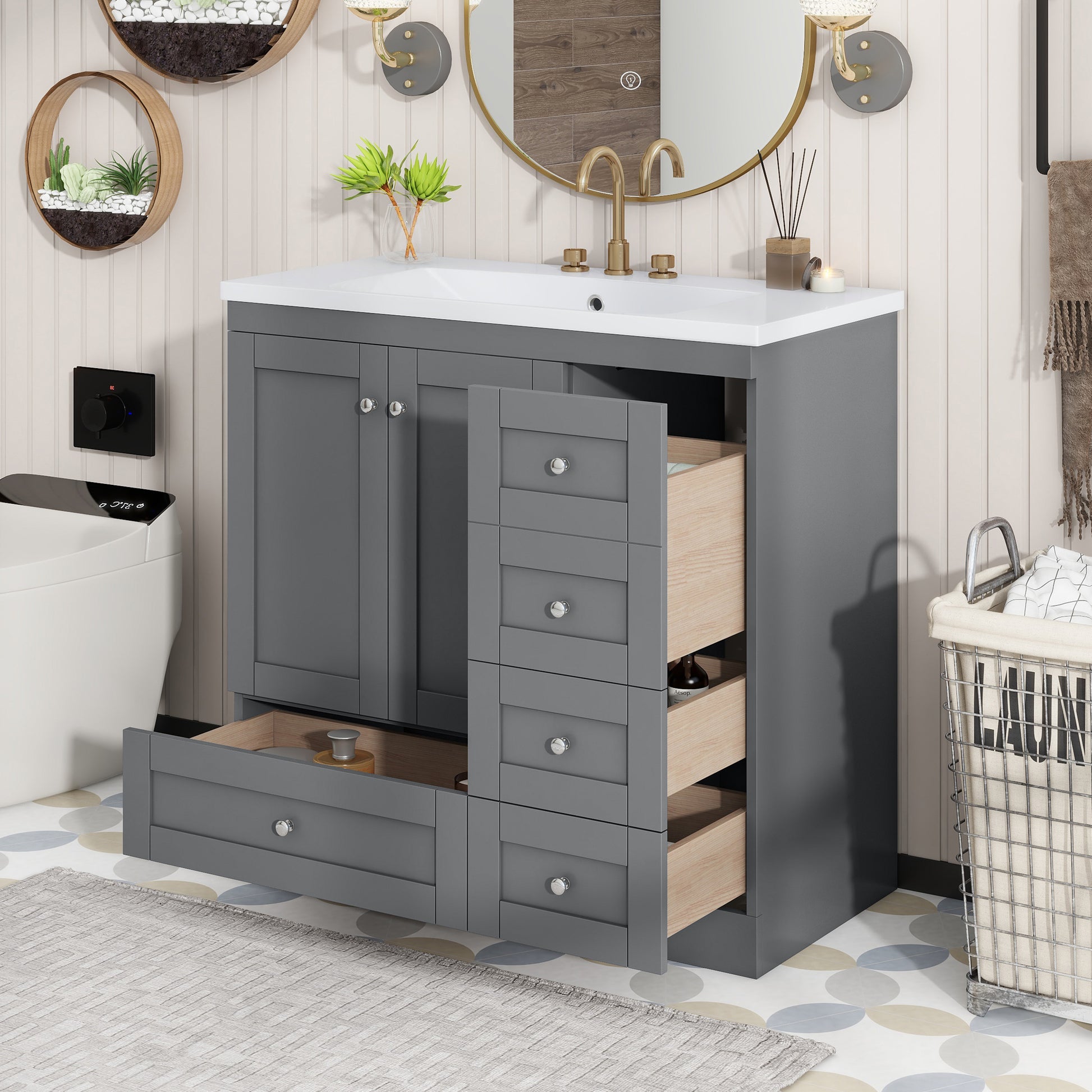 Video 36 Inch Shaker Style Free Standing Bathroom Vanity Cabinet With Sink, 4 Soft Close Drawers And 2 Soft Close Doors Gray Mdf