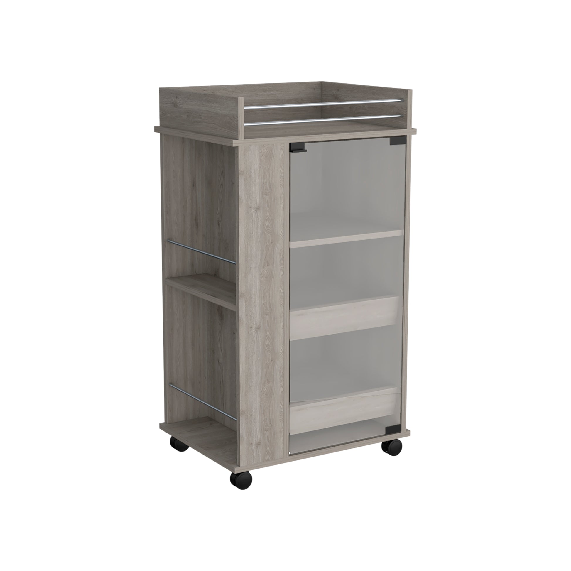 Bar Cart With Glass Door, 2 Side Shelves And Casters, Light Gray Gray Pine Particle Board Engineered Wood