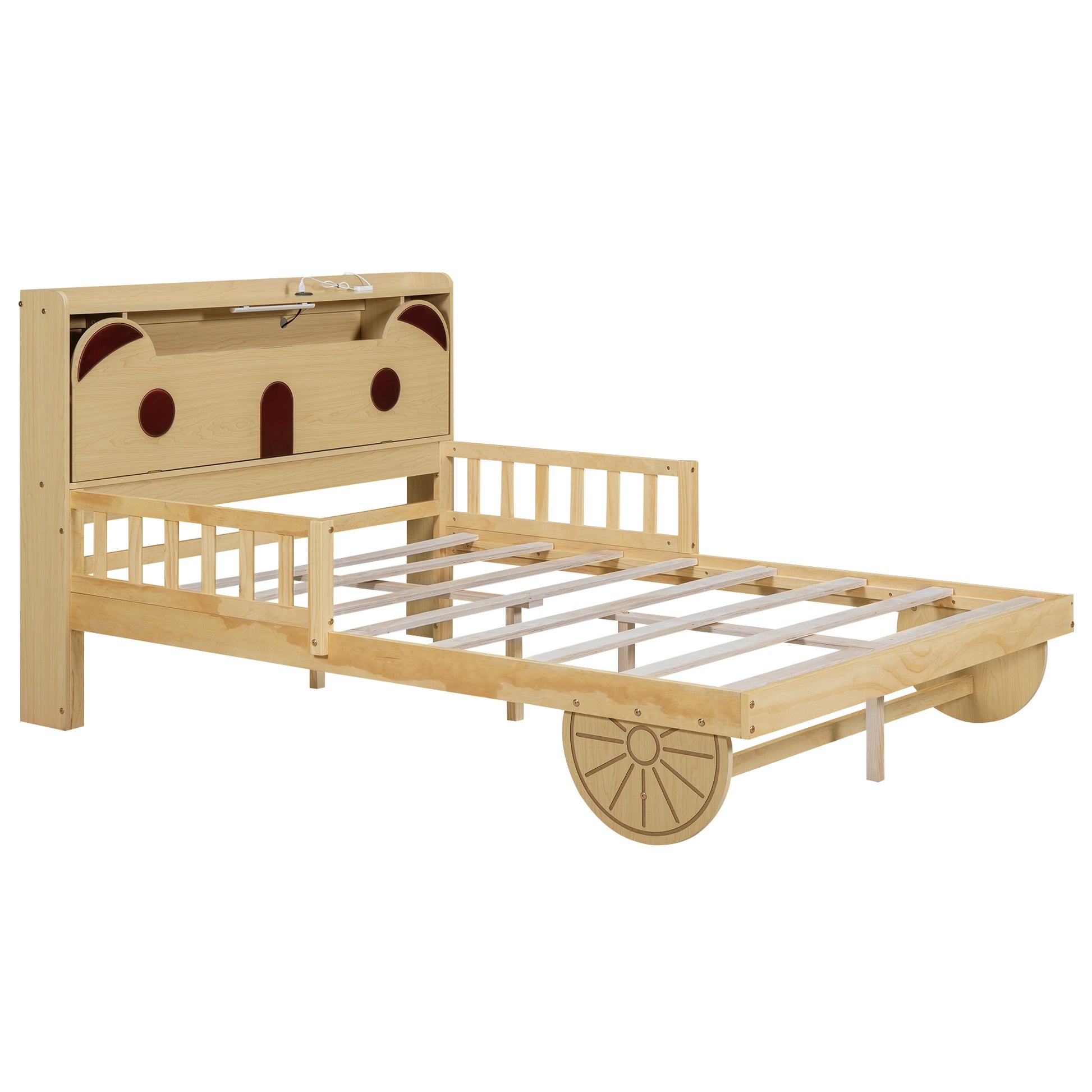 Full Size Car Bed With Bear Shaped Headboard, Usb And Led, Natural Box Spring Not Required Full Natural Bedroom Bed Frame Solid Wood Mdf