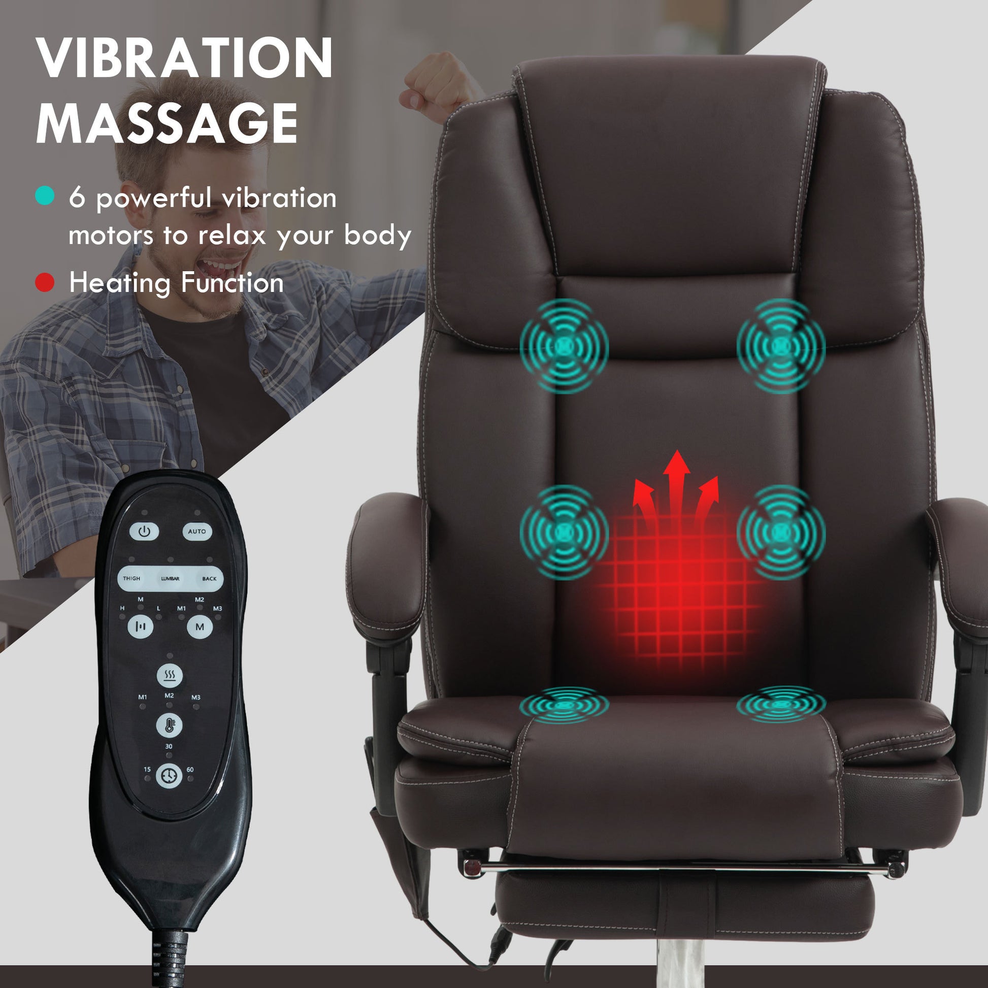 Vinsetto Massage Office Chair With 6 Vibration Points, Heated Reclining Pu Leather Computer Chair With Adjustable Height, Footrest, Brown Brown Pu Leather