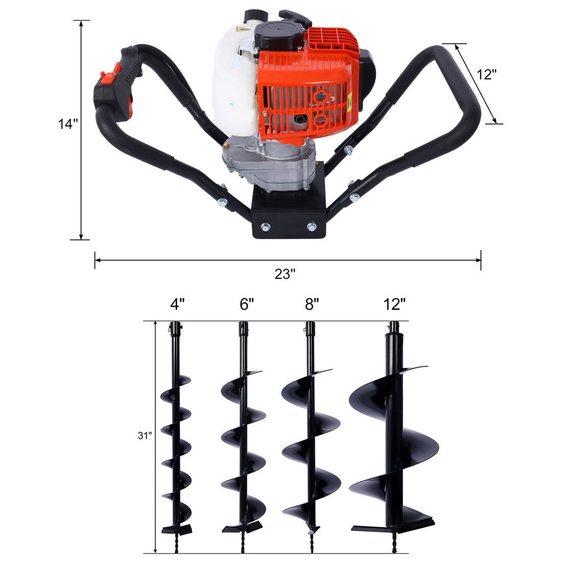V Type 52Cc 2 Stroke Gas Post Hole Digger One Man Auger Epa Machine Plant Soil Digging Fence Withhole Digger Replacement Auger Bits L4" L6" L8" L12" Black Steel