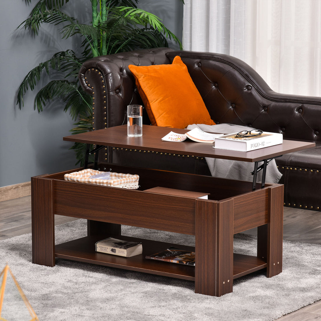 Homcom 39" Lift Top Coffee Table With Hidden Storage Compartment And Open Shelf, Pop Up Coffee Table For Living Room, Brown Brown Particle Board