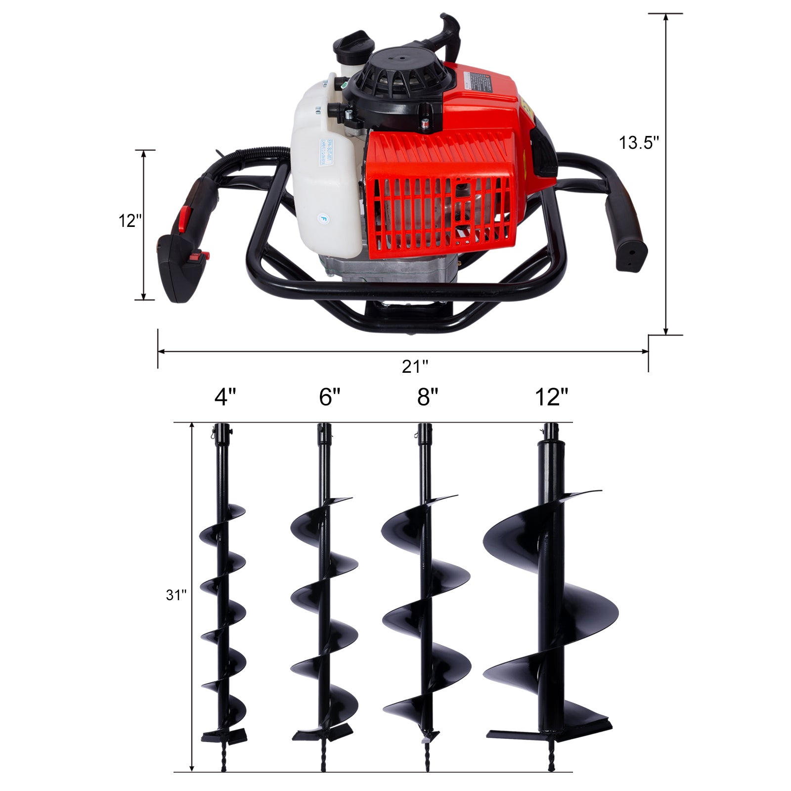 2.7Hp Post Hole Digger 63Cc Gas Powered 2 Stroke Auger Digging Drill Shaft Size 3 4" ,Epa Certificated With L4" L6" L8" L12" Drill Bit Black Steel