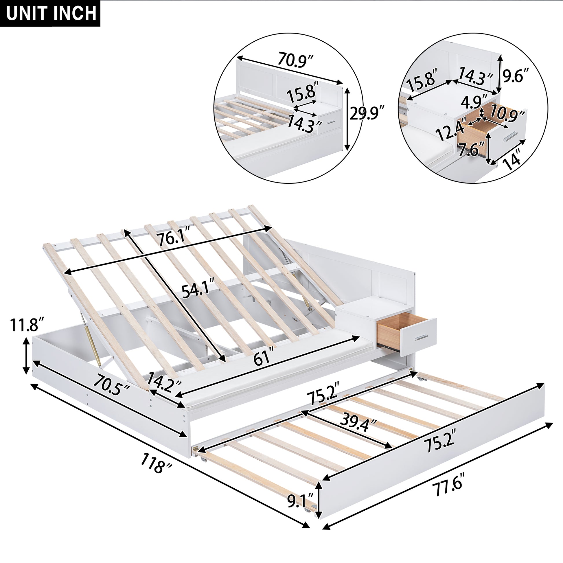Full Size Wood Storage Hydraulic Platform Bed With Twin Size Trundle, Side Table And Lounge, White Box Spring Not Required Full White Wood Bedroom Bed Frame Solid Wood Mdf