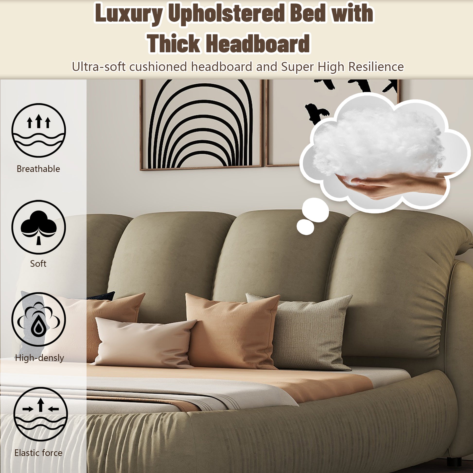 Queen Size Luxury Upholstered Bed With Thick Headboard, Vevet Queen Bed With Oversized Padded Backrest, Cinerous Expect Arrive Date 2024 4 7 Queen Stone Gray Velvet