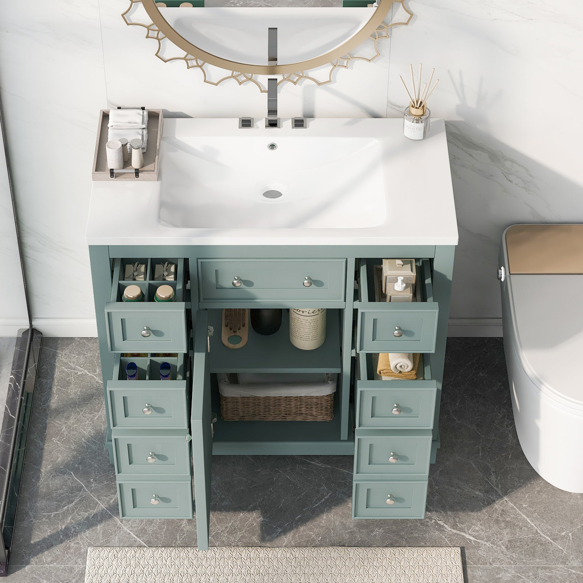 36" Bathroom Vanity With Sink Combo, One Cabinet And Six Drawers, Solid Wood And Mdf Board, Green Green Solid Wood Mdf