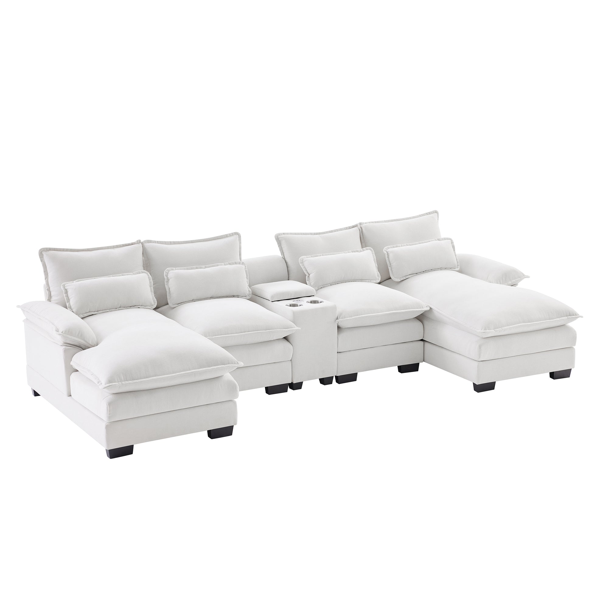 123*55" Modern U Shaped Sofa With Console,Cupholders And Usb Ports,6 Seat Upholstered Symmetrical Indoor Furniture,Sleeper Couch Set With Chaise For Living Room,Apartment,2 Colors White Chenille 6 Seat