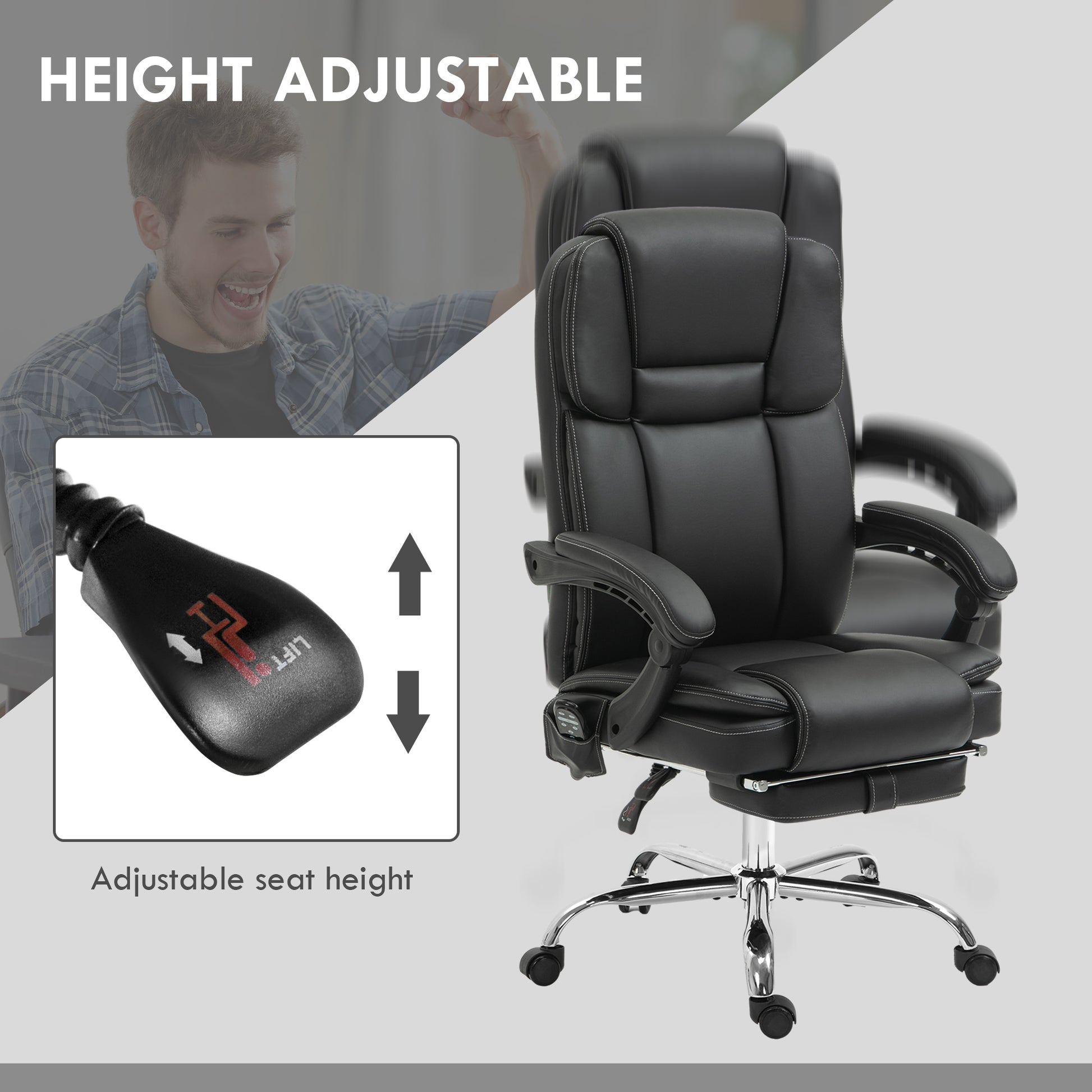 Vinsetto Massage Office Chair With 6 Vibration Points, Heated Reclining Pu Leather Computer Chair With Adjustable Height, Footrest, Black Black Pu Leather
