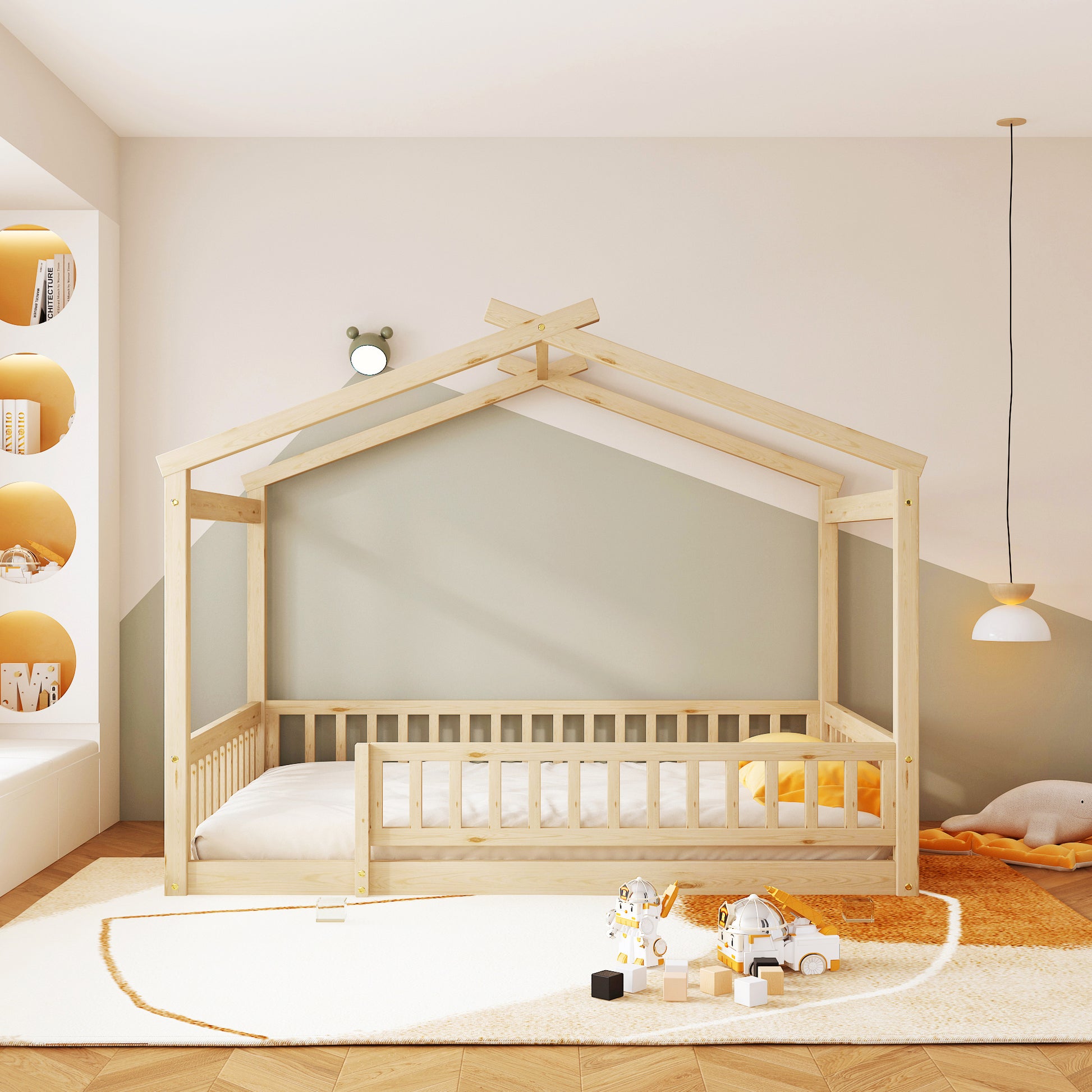 Full Size Wood Bed House Bed Frame With Fence, For Kids, Teens, Girls, Boys,Natural Box Spring Not Required Full Natural Wood Pine Bed Frame Wood