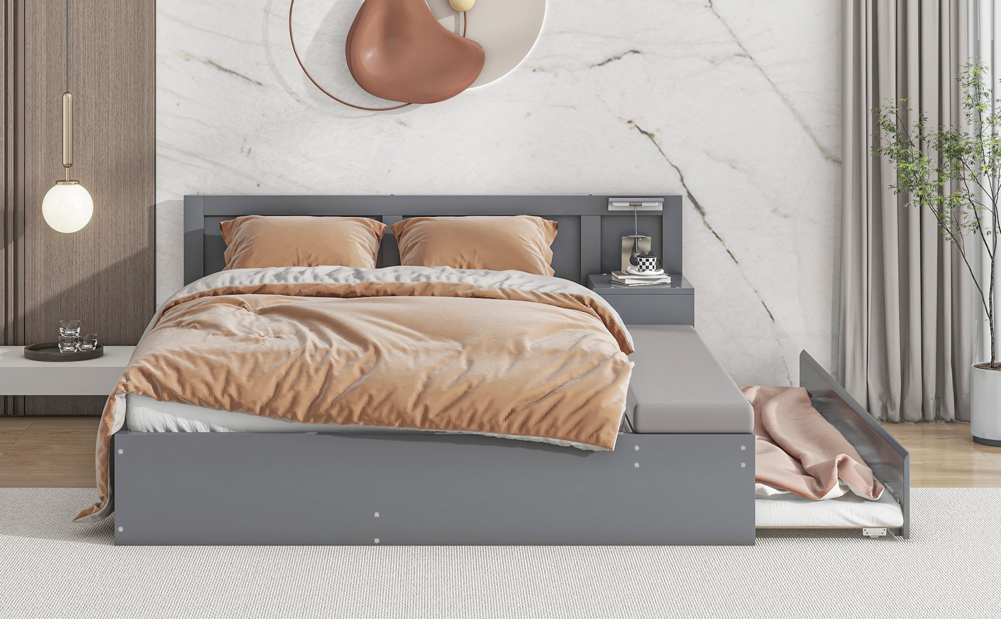 Full Size Wood Storage Hydraulic Platform Bed With Twin Size Trundle, Side Table And Lounge, Gray Box Spring Not Required Full Gray Wood Bedroom Bed Frame Solid Wood Mdf