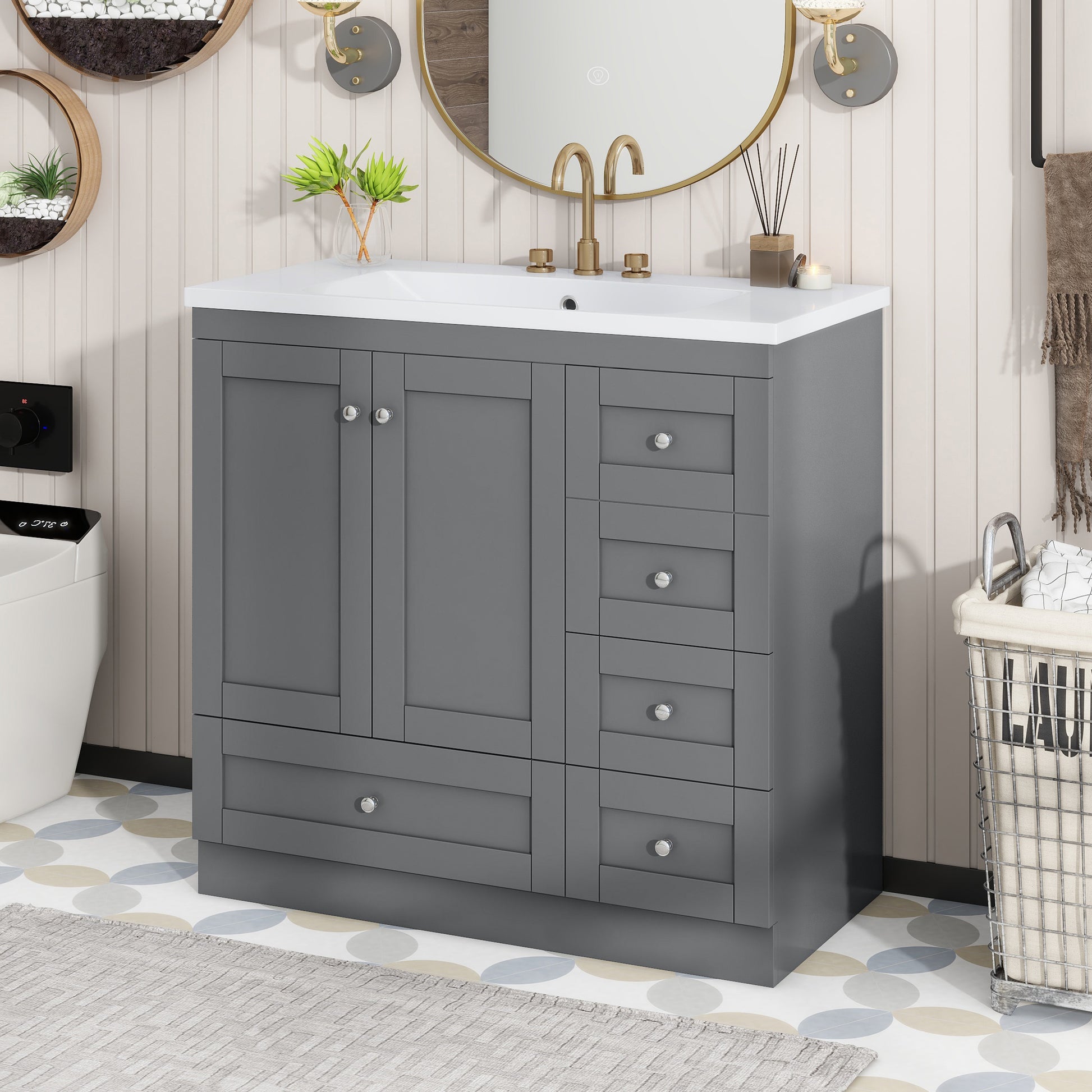 Video 36 Inch Shaker Style Free Standing Bathroom Vanity Cabinet With Sink, 4 Soft Close Drawers And 2 Soft Close Doors Gray Mdf