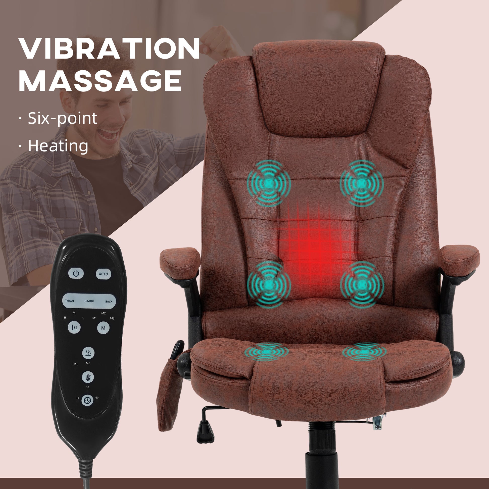 Homcom 6 Point Vibrating Massage Office Chair With Heat, Microfiber High Back Executive Office Chair With Reclining Backrest, Padded Armrests And Remote, Red Red Polyester