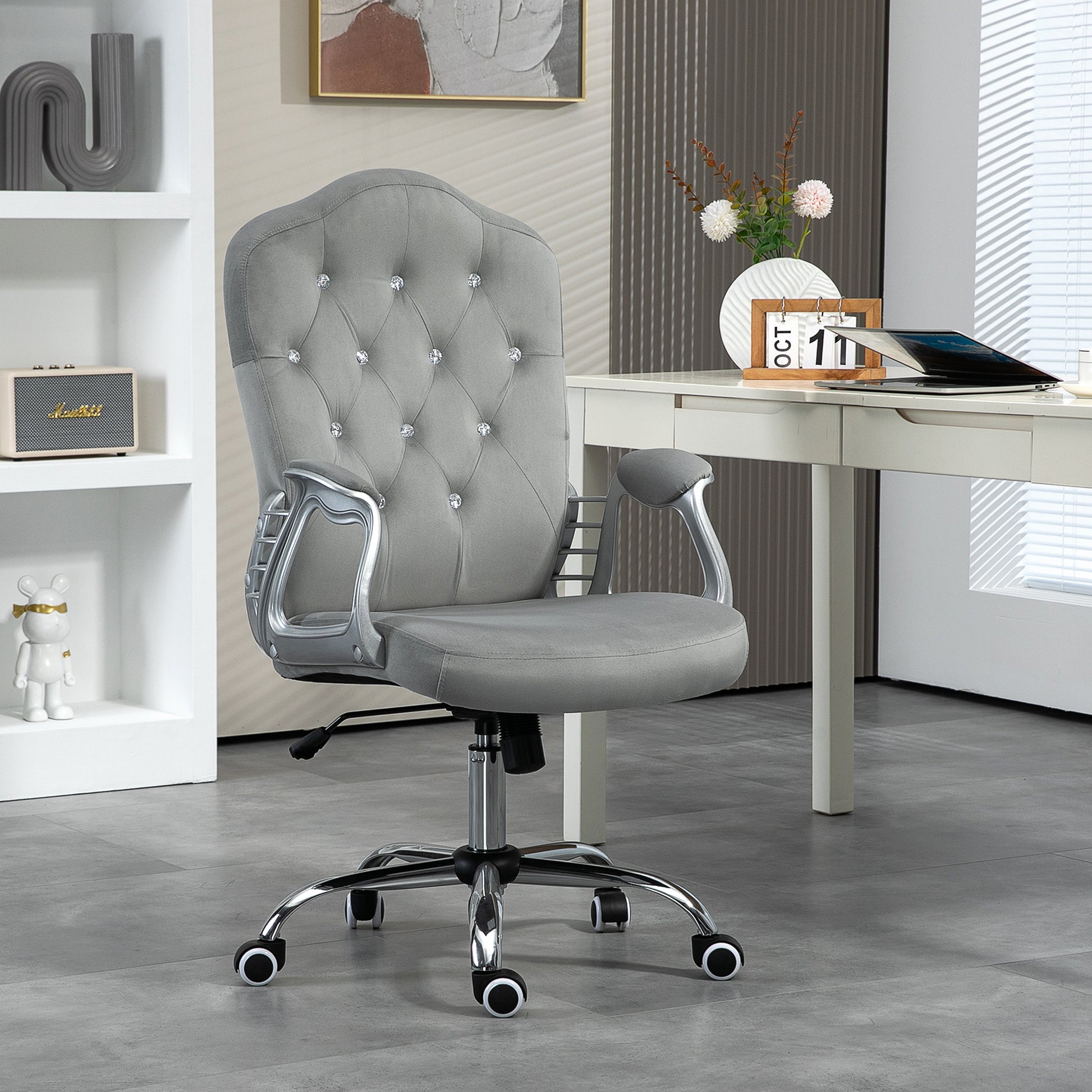 Vinsetto Home Office Chair, Velvet Computer Chair, Button Tufted Desk Chair With Swivel Wheels, Adjustable Height, And Tilt Function, Light Gray Gray Polyester