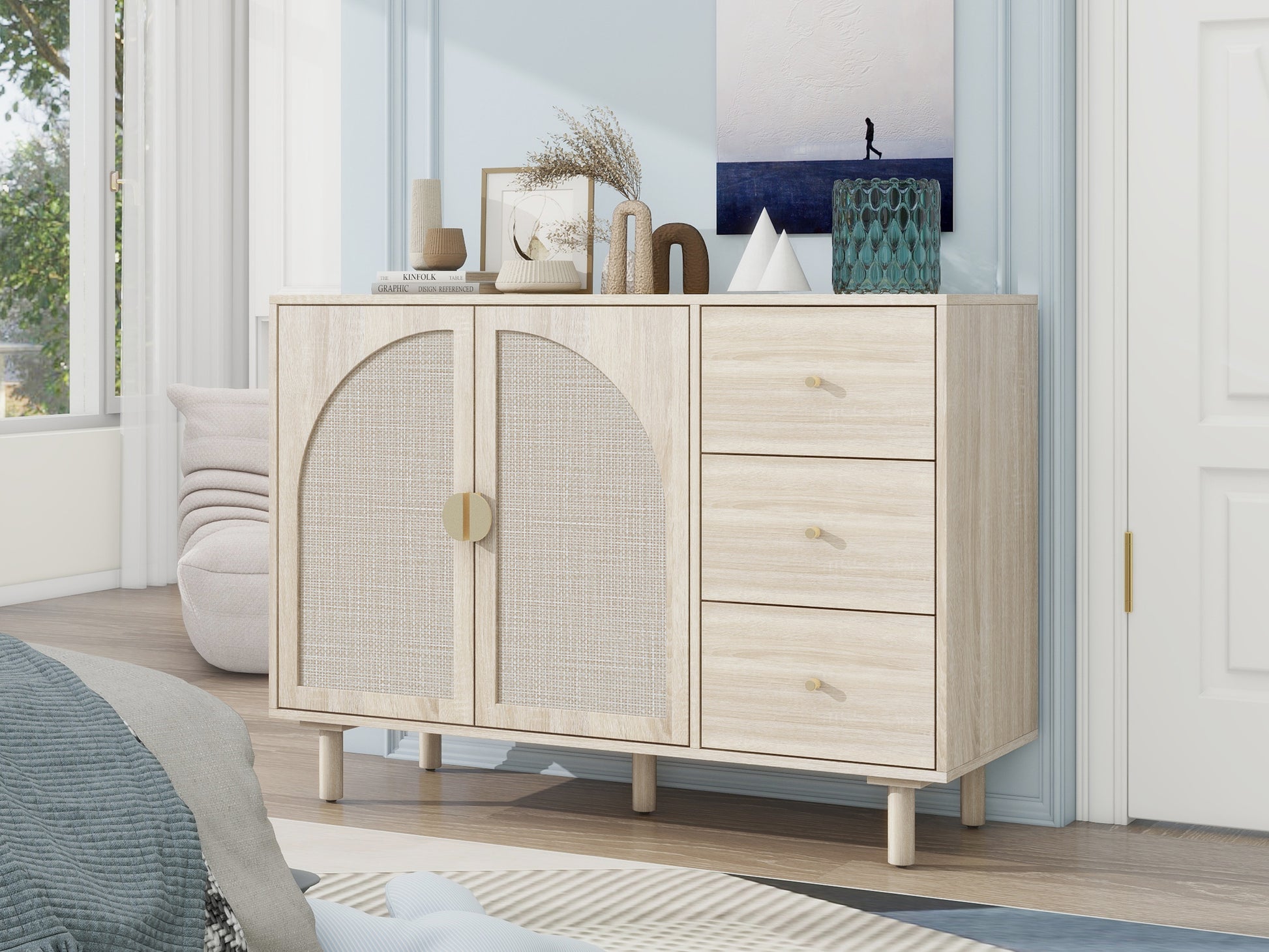 2 Door 3 Drawer Cabinet, Suitable For Bedroom, Living Room, Study Natural Mdf