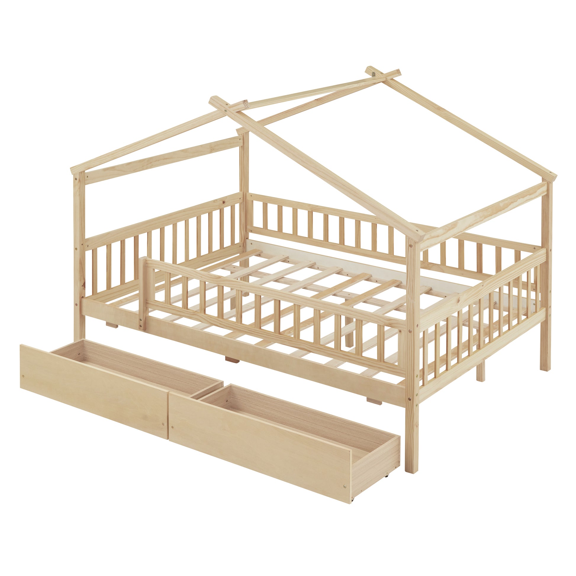 Full Size Wooden House Bed With Two Drawers, Natural Box Spring Not Required Full Natural Wood Bedroom Pine Bed Frame Wood