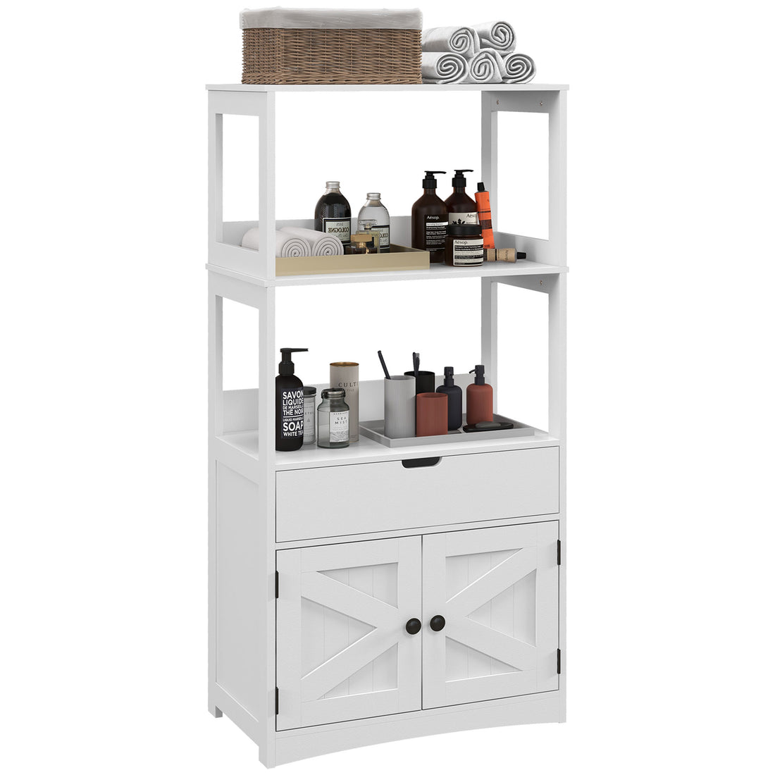 Kleankin Farmhouse Bathroom Floor Cabinet, Linen Cabinet, Bathroom Storage Organizer With Doors And Drawer, White White Mdf