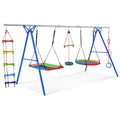 5 In 1 Outdoor Toddler Swing Set For Backyard, Playground Swing Sets With Steel Frame, Multifunction Playsets For Kids With Climbing Ladder, Saucer Swing, Monkey Bar Swing, Disc Swing And Swing Ring Blue Metal