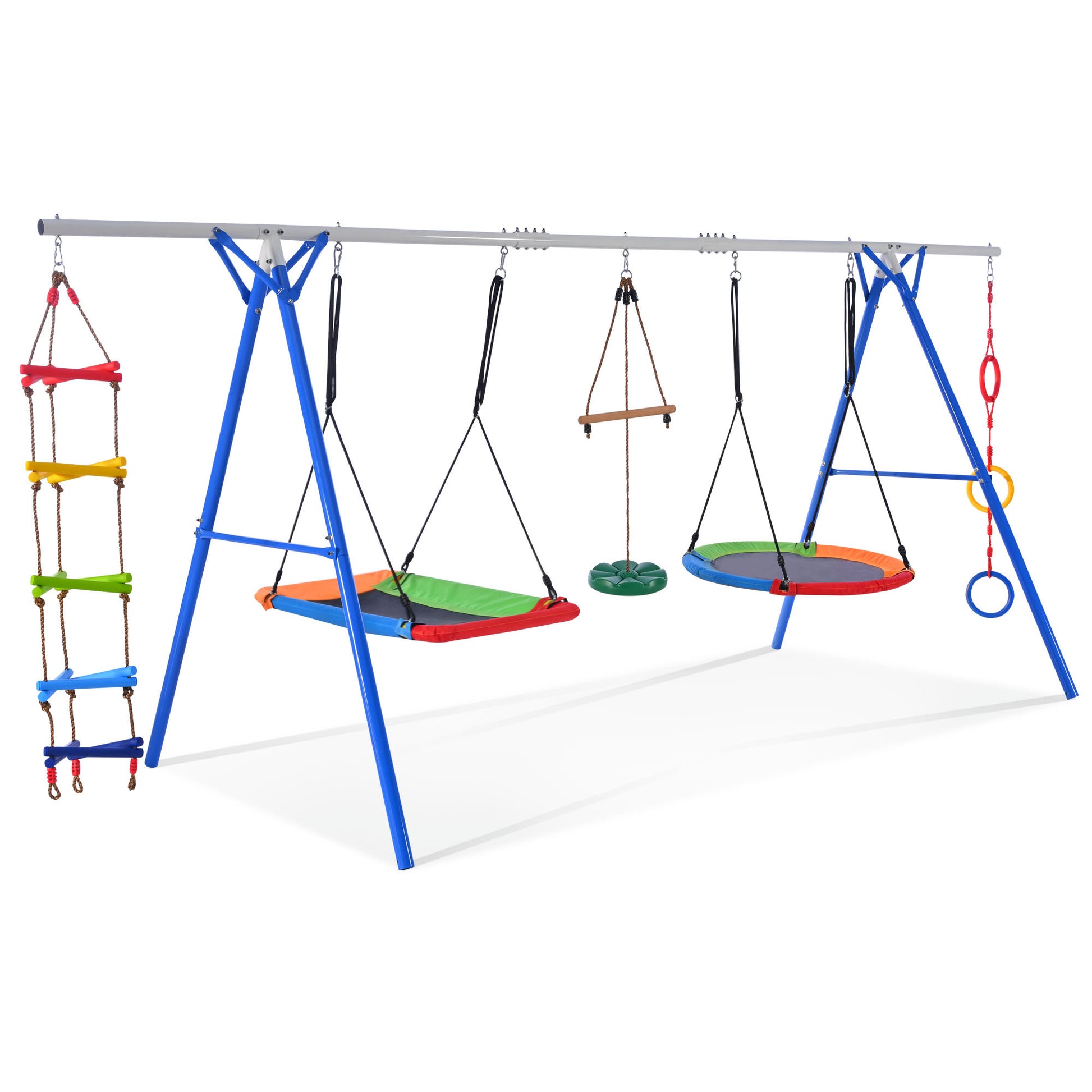 5 In 1 Outdoor Toddler Swing Set For Backyard, Playground Swing Sets With Steel Frame, Multifunction Playsets For Kids With Climbing Ladder, Saucer Swing, Monkey Bar Swing, Disc Swing And Swing Ring Blue Metal