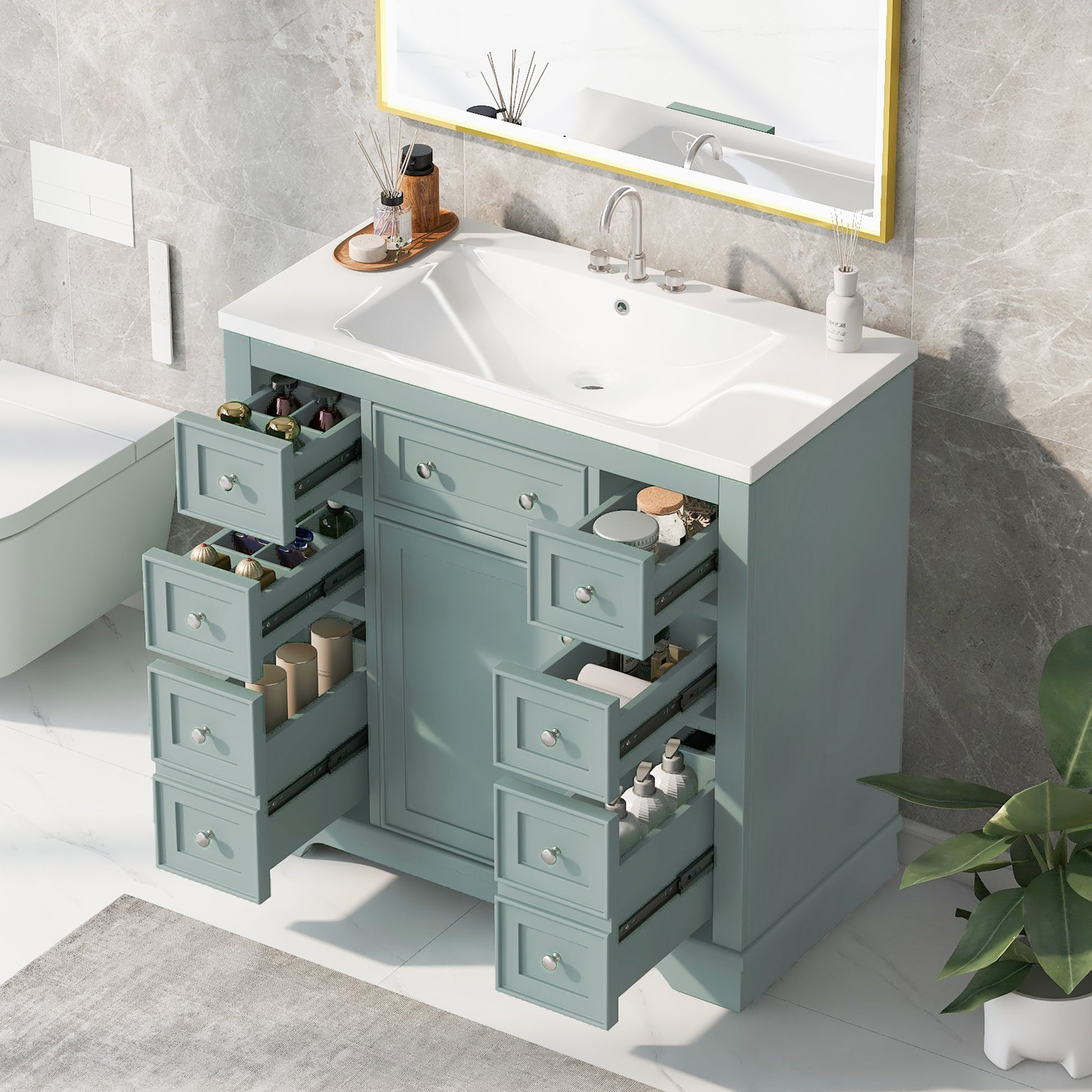 36" Bathroom Vanity With Sink Combo, One Cabinet And Six Drawers, Solid Wood And Mdf Board, Green Green Solid Wood Mdf