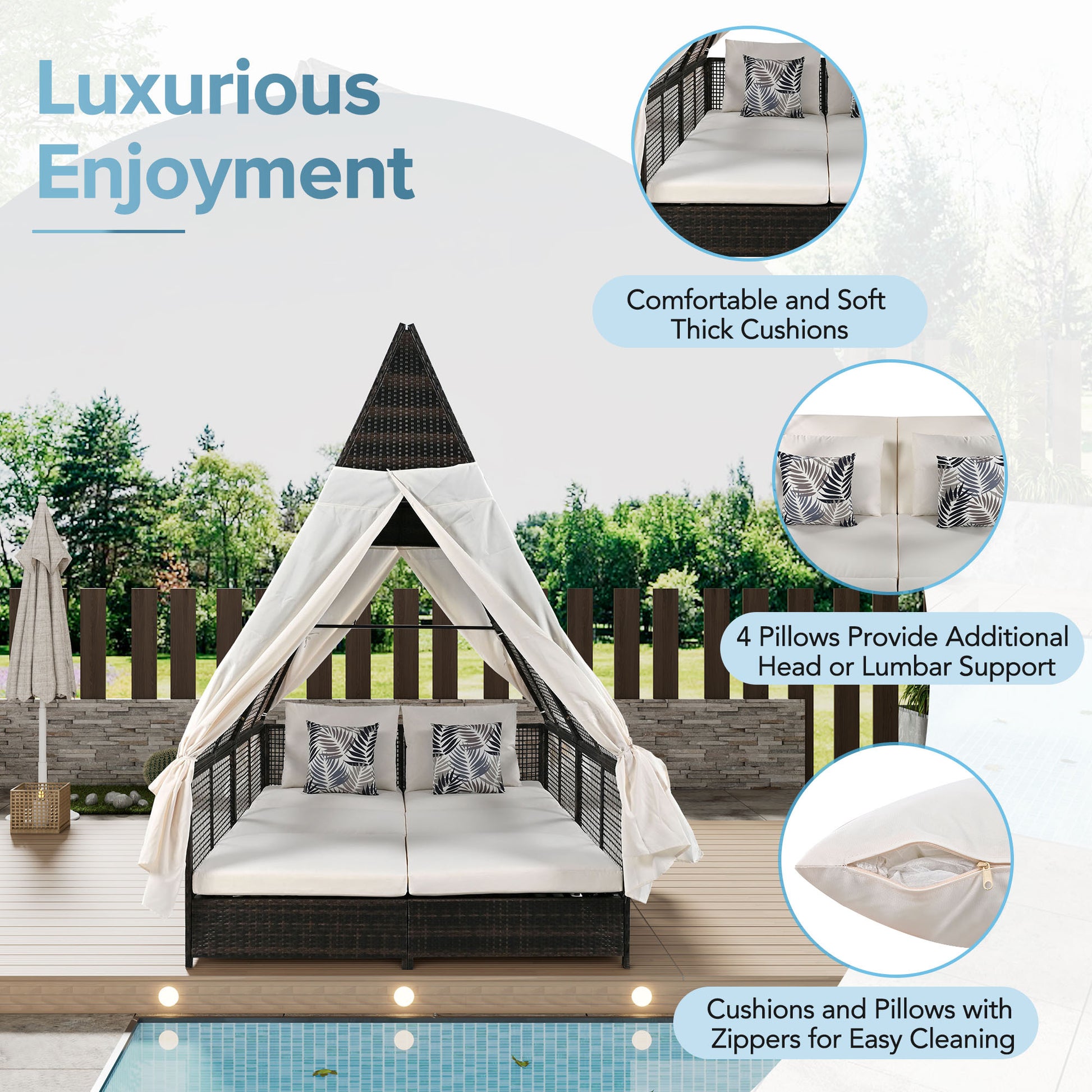 Outdoor Daybed Patio Lounge Bed With Adjustable Backrest Outdoor Double Sun Lounger With Curtains, 4 Pillows For Garden Patio Poolside Balcony Beach, Cream Yes Cream Water Resistant Frame Water Resistant Cushion Garden & Outdoor Sectional Seating Groups