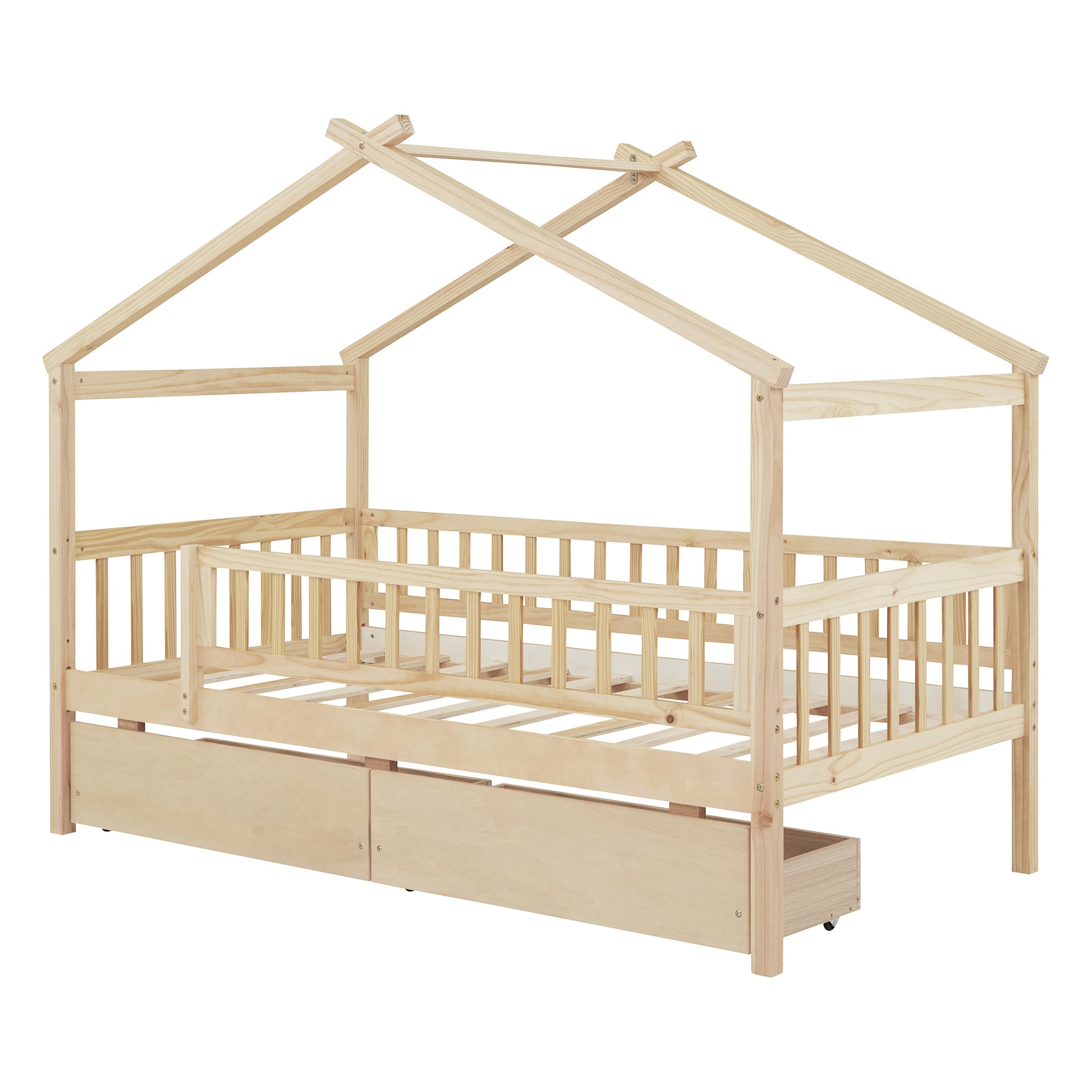 Twin Size Wooden House Bed With Two Drawers, Natural Box Spring Not Required Twin Natural Wood Bedroom Pine Bed Frame Wood