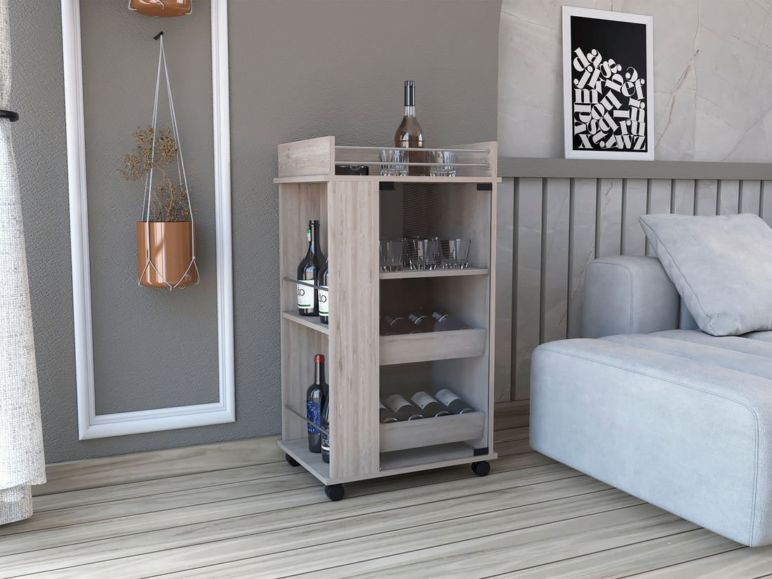 Bar Cart With Glass Door, 2 Side Shelves And Casters, Light Gray Gray Pine Particle Board Engineered Wood