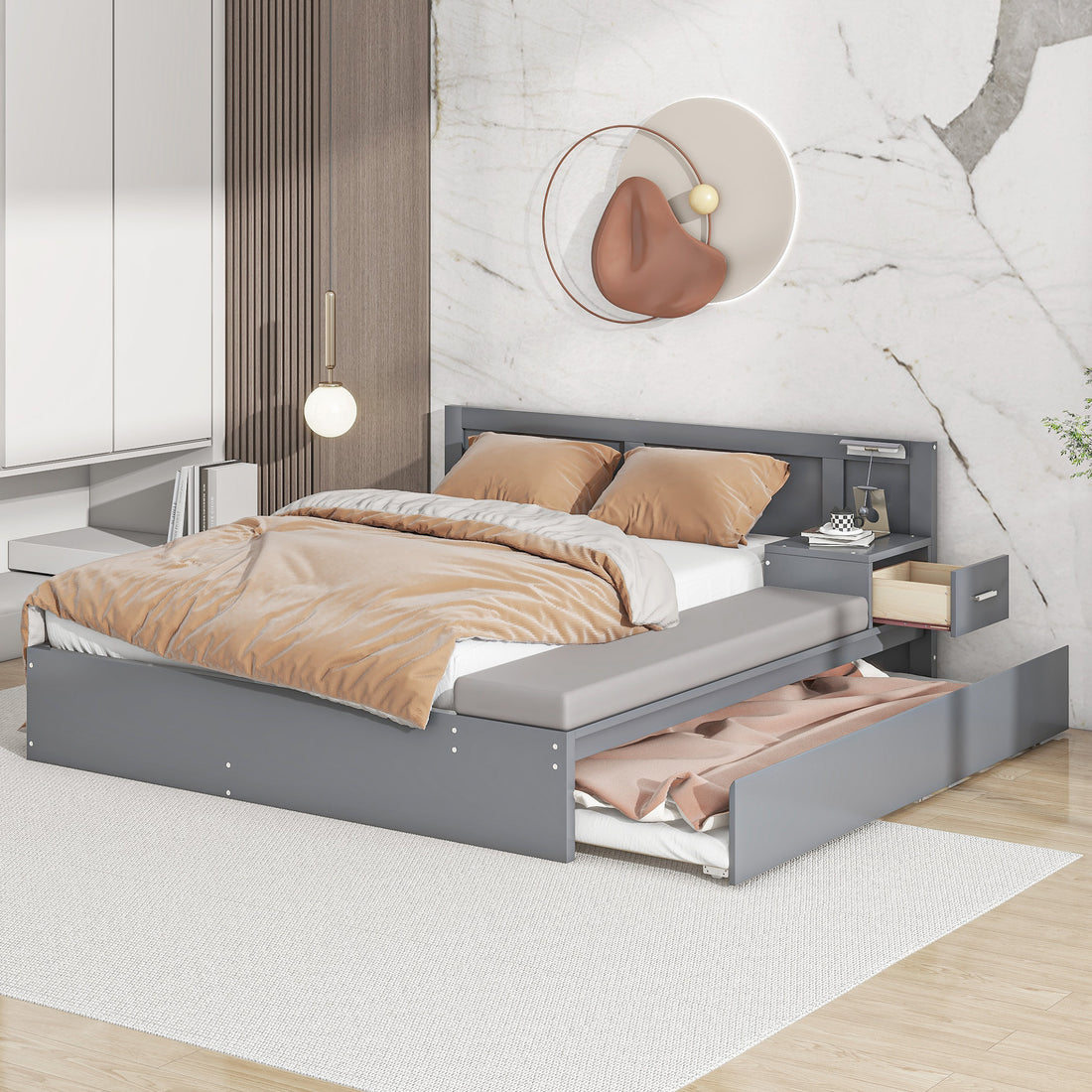 Full Size Wood Storage Hydraulic Platform Bed With Twin Size Trundle, Side Table And Lounge, Gray Box Spring Not Required Full Gray Wood Bedroom Bed Frame Solid Wood Mdf