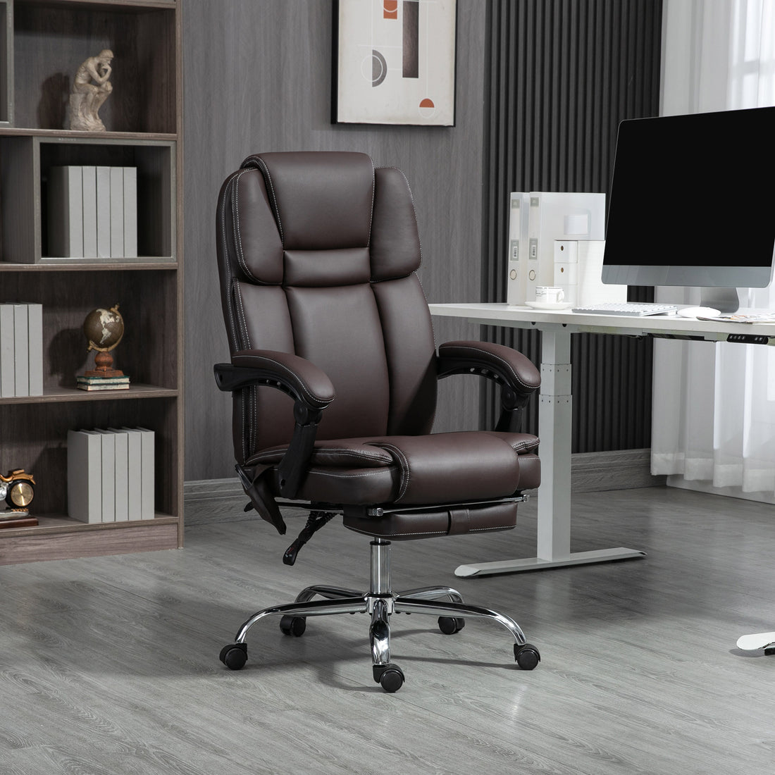 Vinsetto Massage Office Chair With 6 Vibration Points, Heated Reclining Pu Leather Computer Chair With Adjustable Height, Footrest, Brown Brown Pu Leather