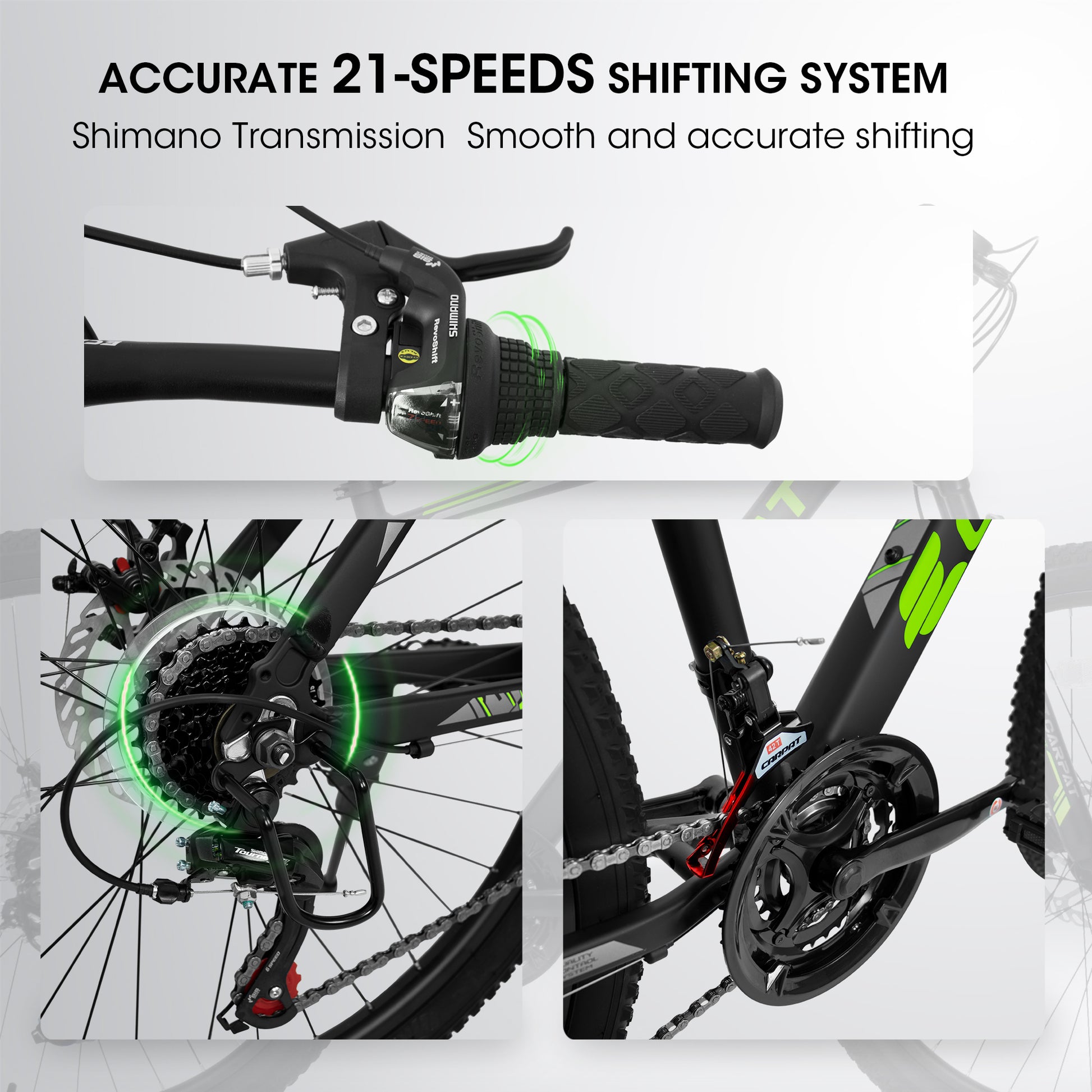 A26322 26 Inch Mountain Bike Adult Aluminum Frame Shock Absorbing Front Fork Bike 21 Speed Disc Brake Mountain Bike Green Aluminium