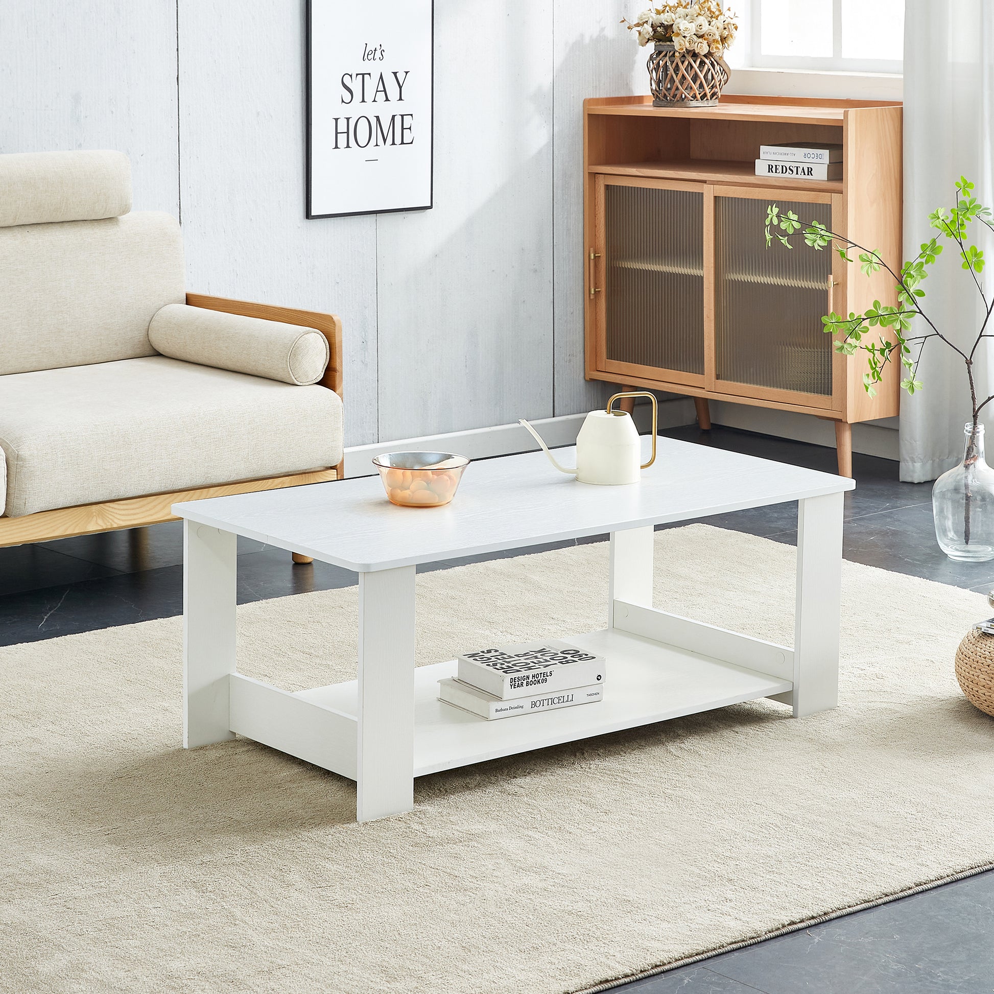 A Modern And Practical White Coffee Table And Coffee Table. The Double Layered Coffee Table Is Made Of Mdf Material,. Suitable For Living Room, Bedroom, And Study.43.3"*21.6"*16.5" Ct 16 White Mdf