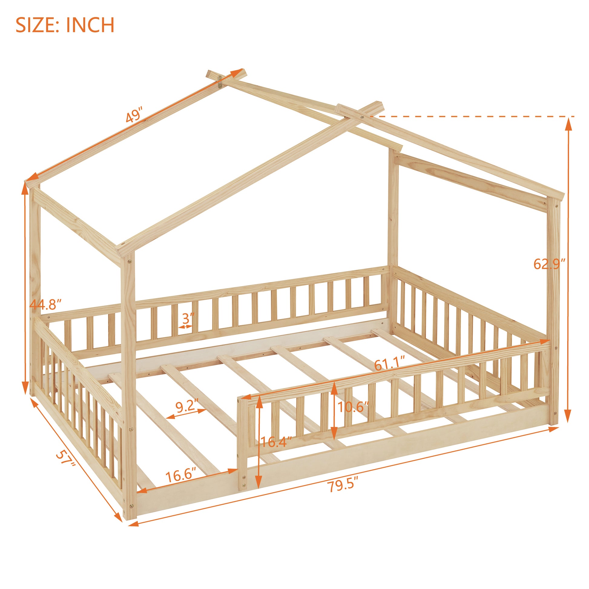 Full Size Wood Bed House Bed Frame With Fence, For Kids, Teens, Girls, Boys,Natural Box Spring Not Required Full Natural Wood Pine Bed Frame Wood