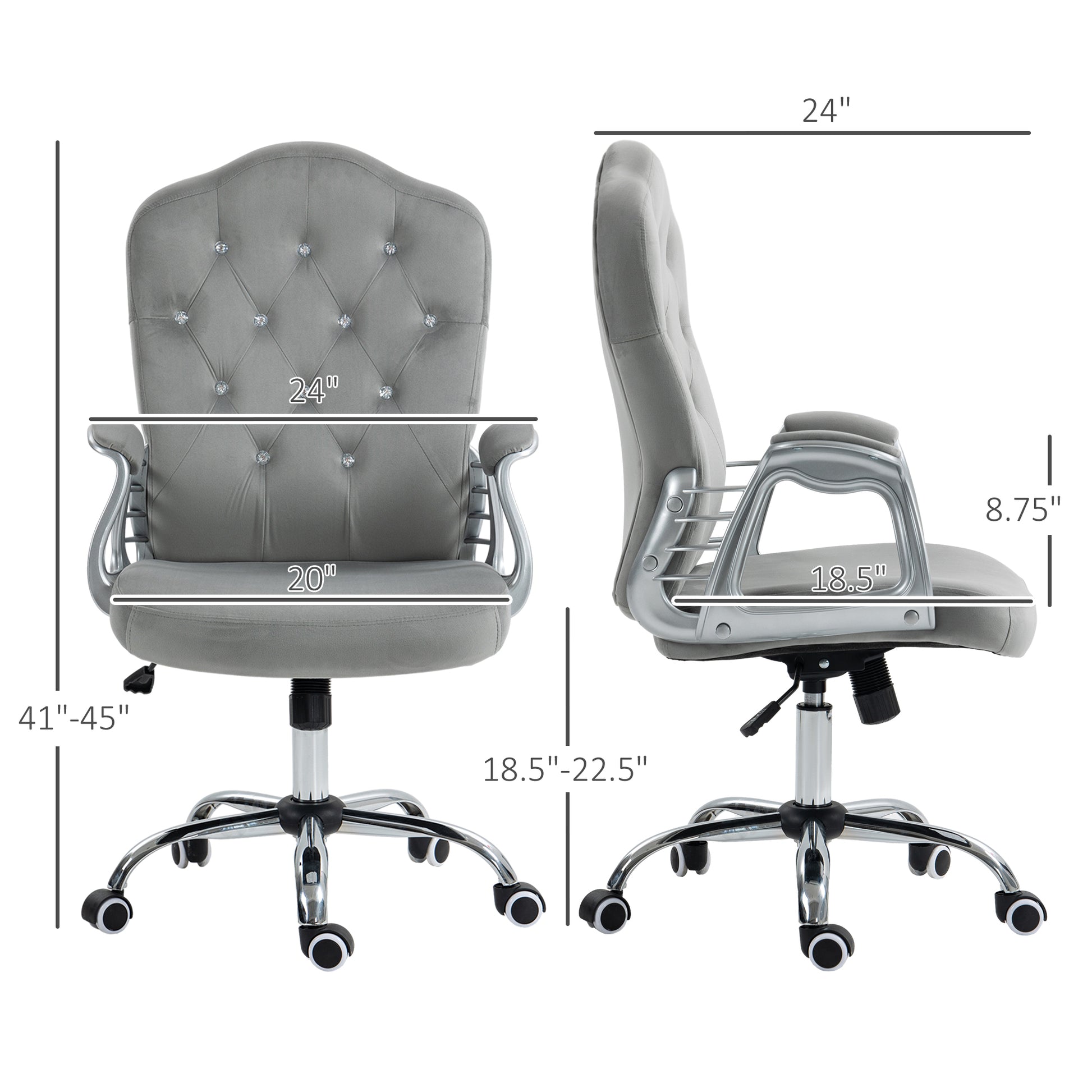 Vinsetto Home Office Chair, Velvet Computer Chair, Button Tufted Desk Chair With Swivel Wheels, Adjustable Height, And Tilt Function, Light Gray Gray Polyester