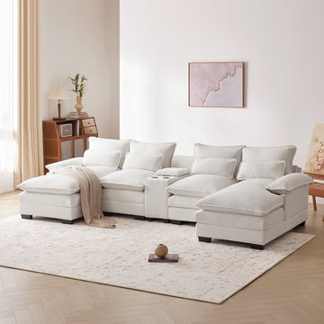 123*55" Modern U Shaped Sofa With Console,Cupholders And Usb Ports,6 Seat Upholstered Symmetrical Indoor Furniture,Sleeper Couch Set With Chaise For Living Room,Apartment,2 Colors White Chenille 6 Seat