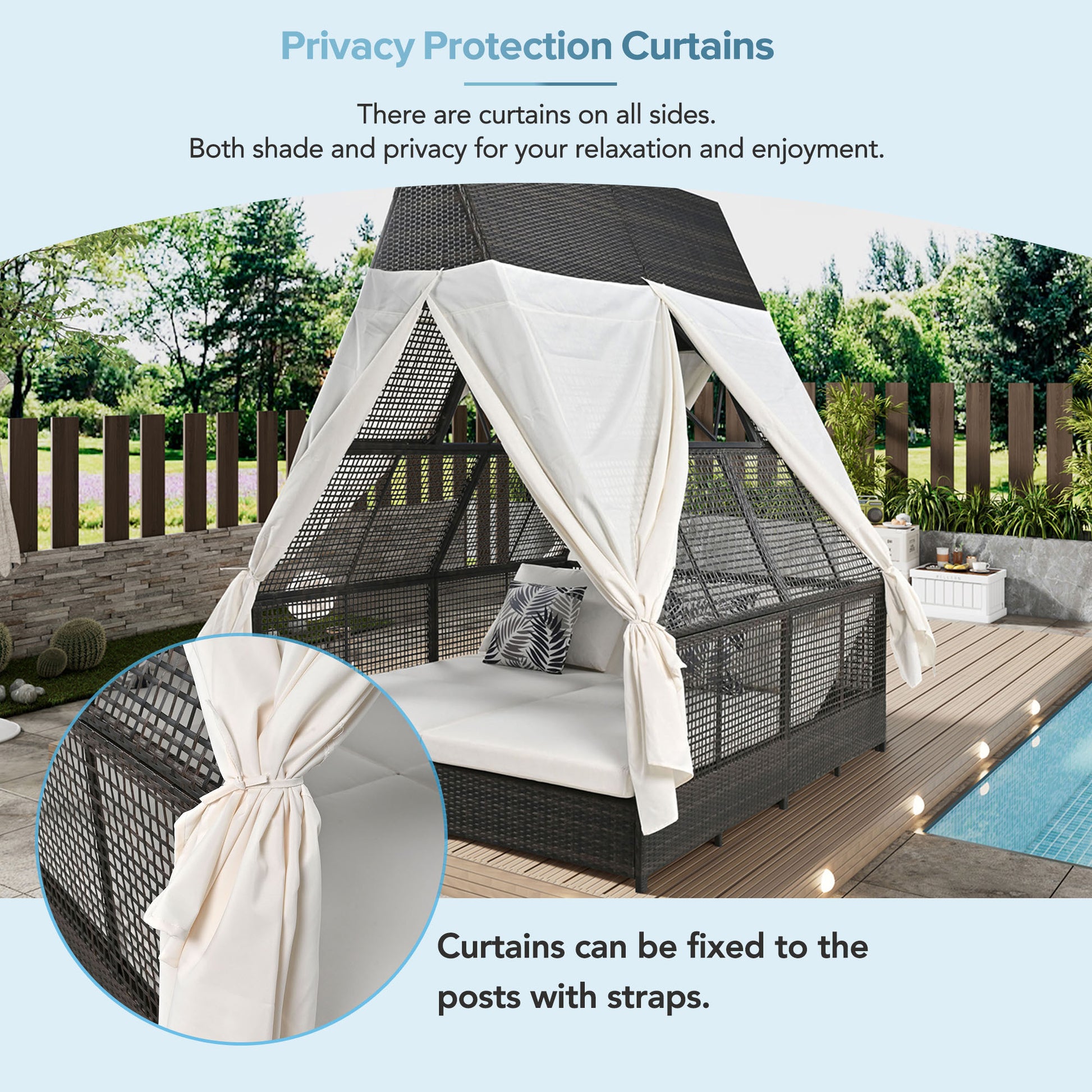Outdoor Daybed Patio Lounge Bed With Adjustable Backrest Outdoor Double Sun Lounger With Curtains, 4 Pillows For Garden Patio Poolside Balcony Beach, Cream Yes Cream Water Resistant Frame Water Resistant Cushion Garden & Outdoor Sectional Seating Groups