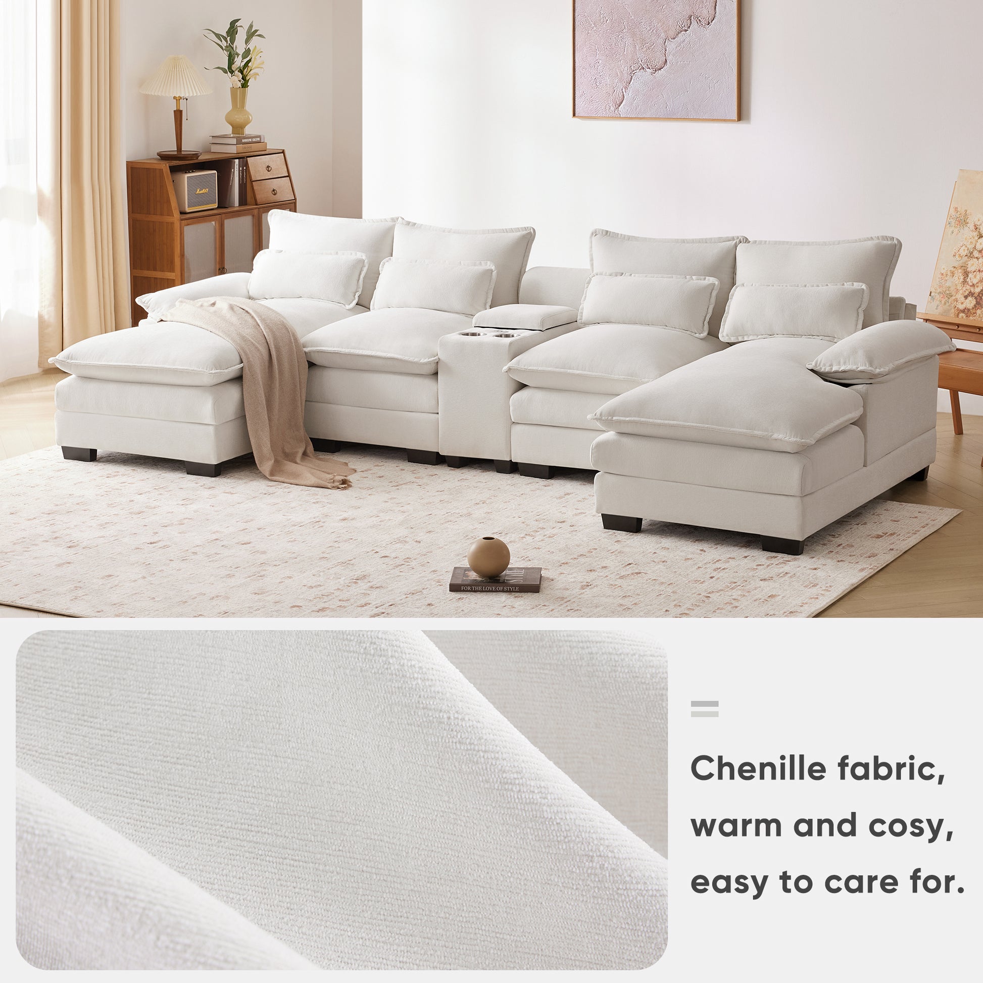 123*55" Modern U Shaped Sofa With Console,Cupholders And Usb Ports,6 Seat Upholstered Symmetrical Indoor Furniture,Sleeper Couch Set With Chaise For Living Room,Apartment,2 Colors White Chenille 6 Seat