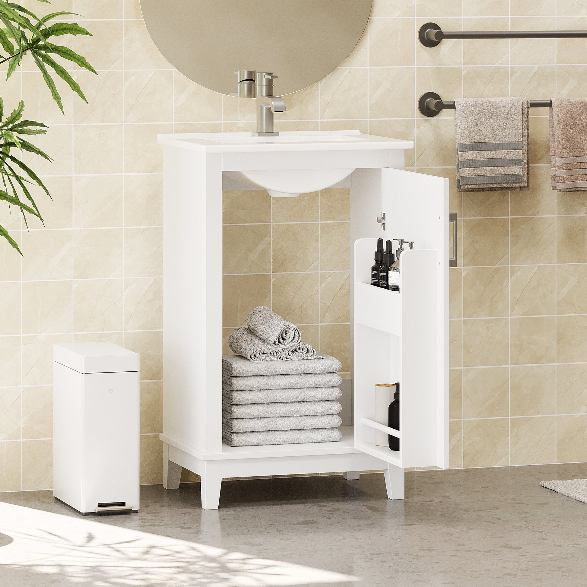 Viedo 20 Inch Modern Small Bathroom Vanity Cabinet With Ceramic Basin 20*15.5*33.3 Inches,Ample Storage,1 Soft Close Door White Solid Wood Mdf