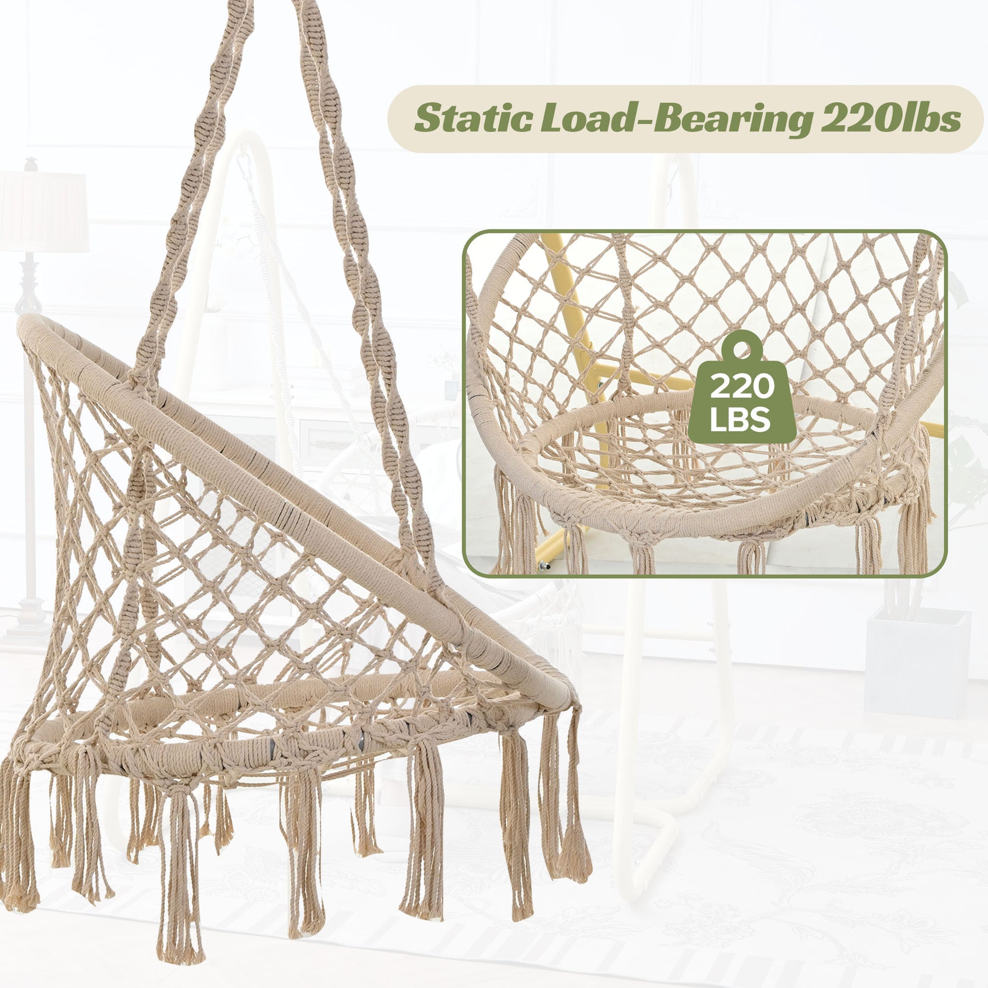 Swing Chair Handmade Macrame Swing Hammock Chair With Stand Cream Color Metal