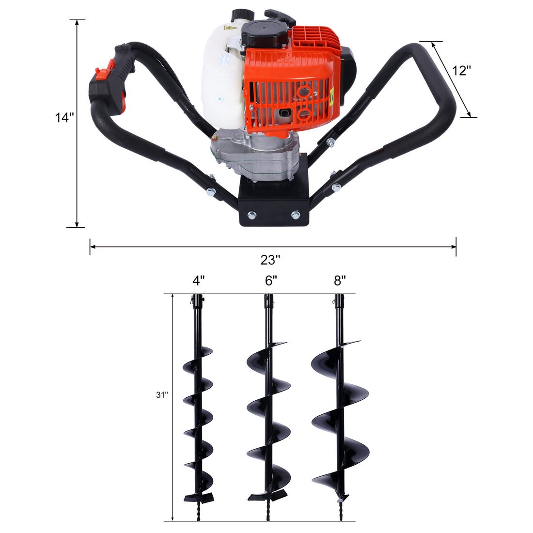 V Type 52Cc 2 Stroke Gas Post Hole Digger One Man Auger Epa Machine Plant Soil Digging Fence Withhole Digger Replacement Auger Bits L4" L6" L8" Drill Bits Black Steel