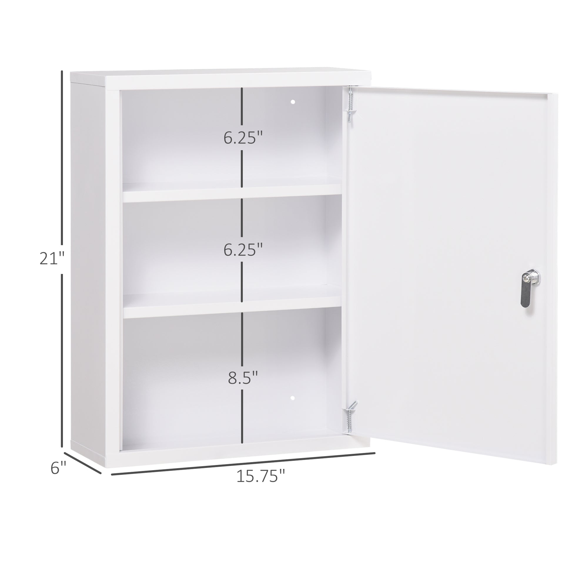 Kleankin 16" X 21" Wall Medicine Cabinet With Lock, 3 Tier Steel Locking Wall Cabinet For Bathroom, Kitchen With 2 Keys, White White Steel