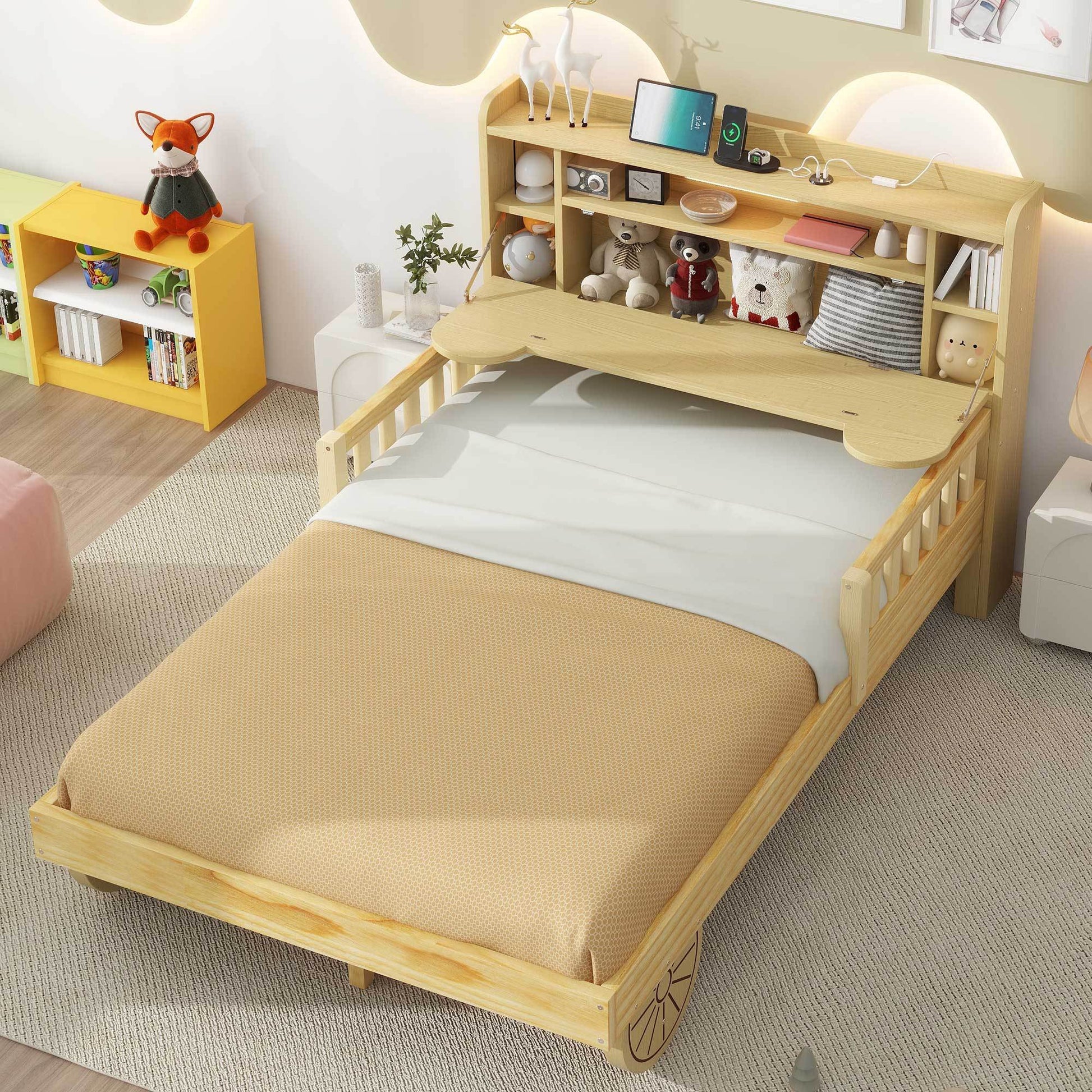 Full Size Car Bed With Bear Shaped Headboard, Usb And Led, Natural Box Spring Not Required Full Natural Bedroom Bed Frame Solid Wood Mdf