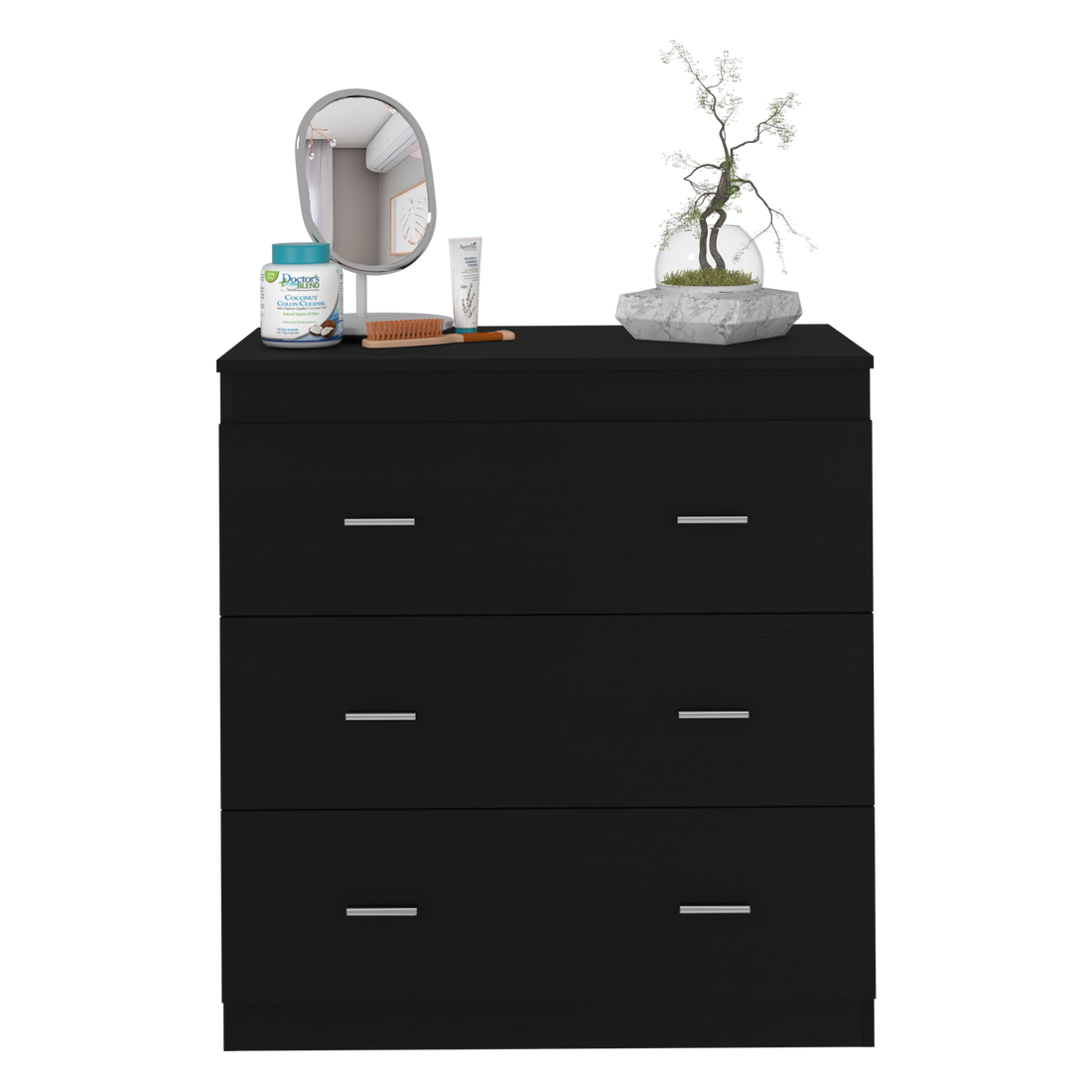 Dresser 33"H, Three Drawer, Superior Top, Metal Handles, Black Black Pine Particle Board Engineered Wood