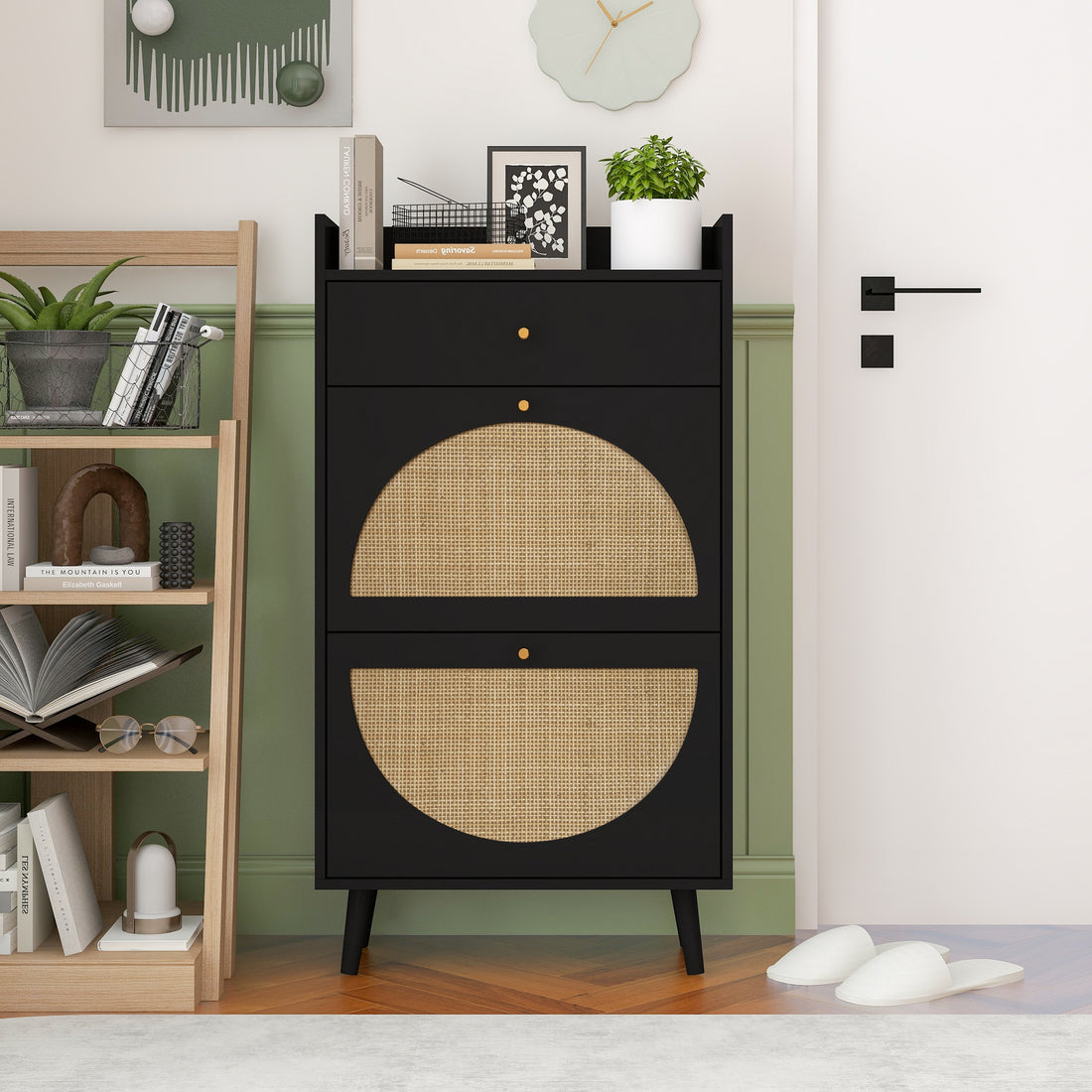 Rattan, Allen 2 Door 1 Drawer Cabinet, Shoe Rack, Double Layer, Suitable For Entrance Black Particle Board