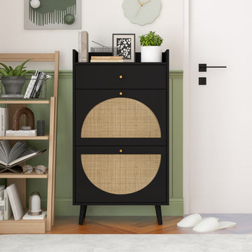 Rattan, Allen 2 Door 1 Drawer Cabinet, Shoe Rack, Double Layer, Suitable For Entrance Black Particle Board