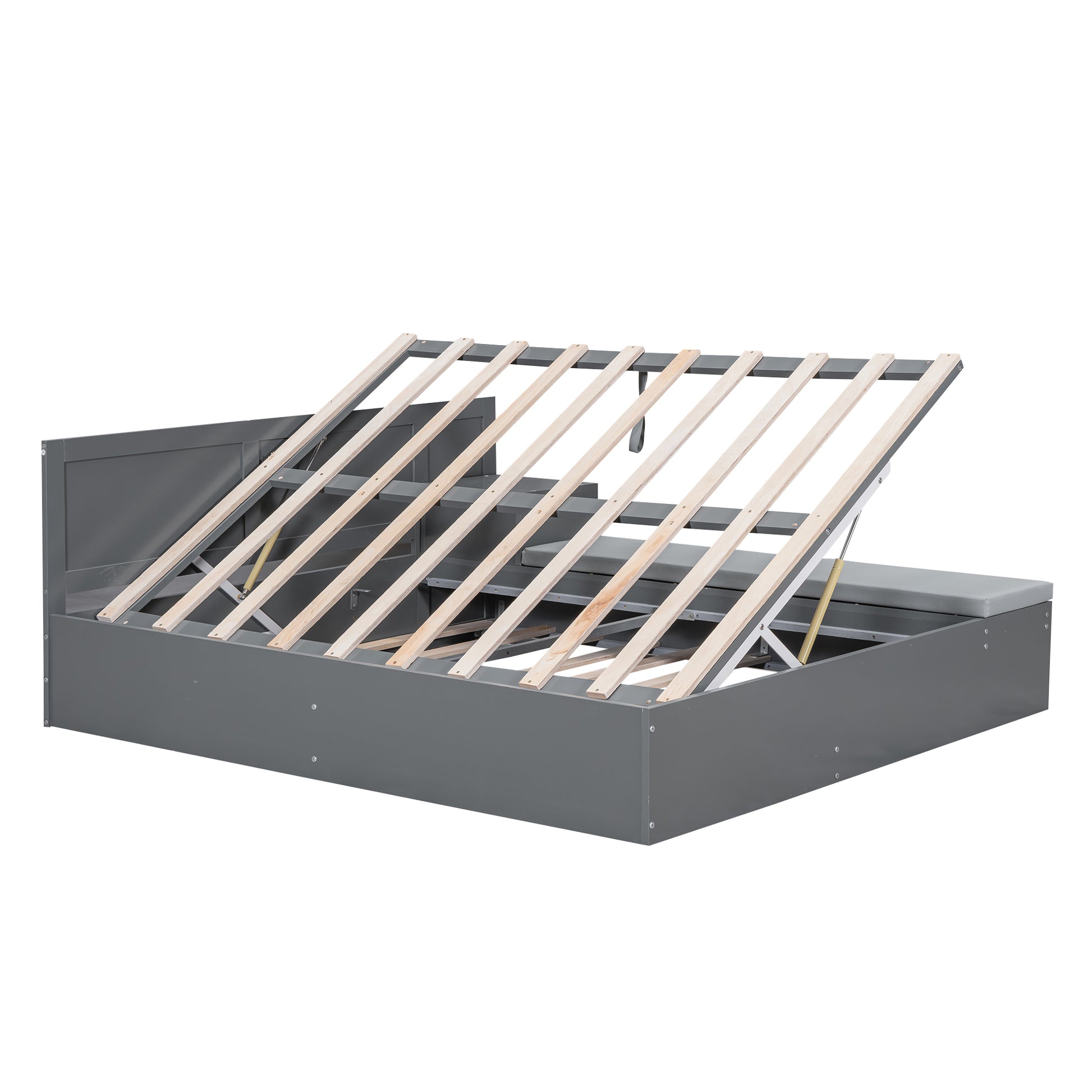 Full Size Wood Storage Hydraulic Platform Bed With Twin Size Trundle, Side Table And Lounge, Gray Box Spring Not Required Full Gray Wood Bedroom Bed Frame Solid Wood Mdf