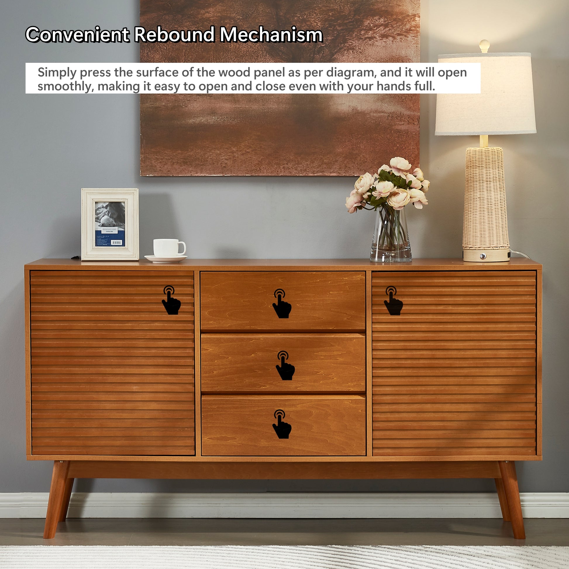 Modern Wood Tv Stand, Entertainment Center For Tvs Up To 65", Sideboard Buffet Cabinet Credenza, Slatted Media Console For Living Room, Wooden Furniture For Living Room & Bedroom Honey 50 59 Inches 60 Inches Solid Wood Mdf