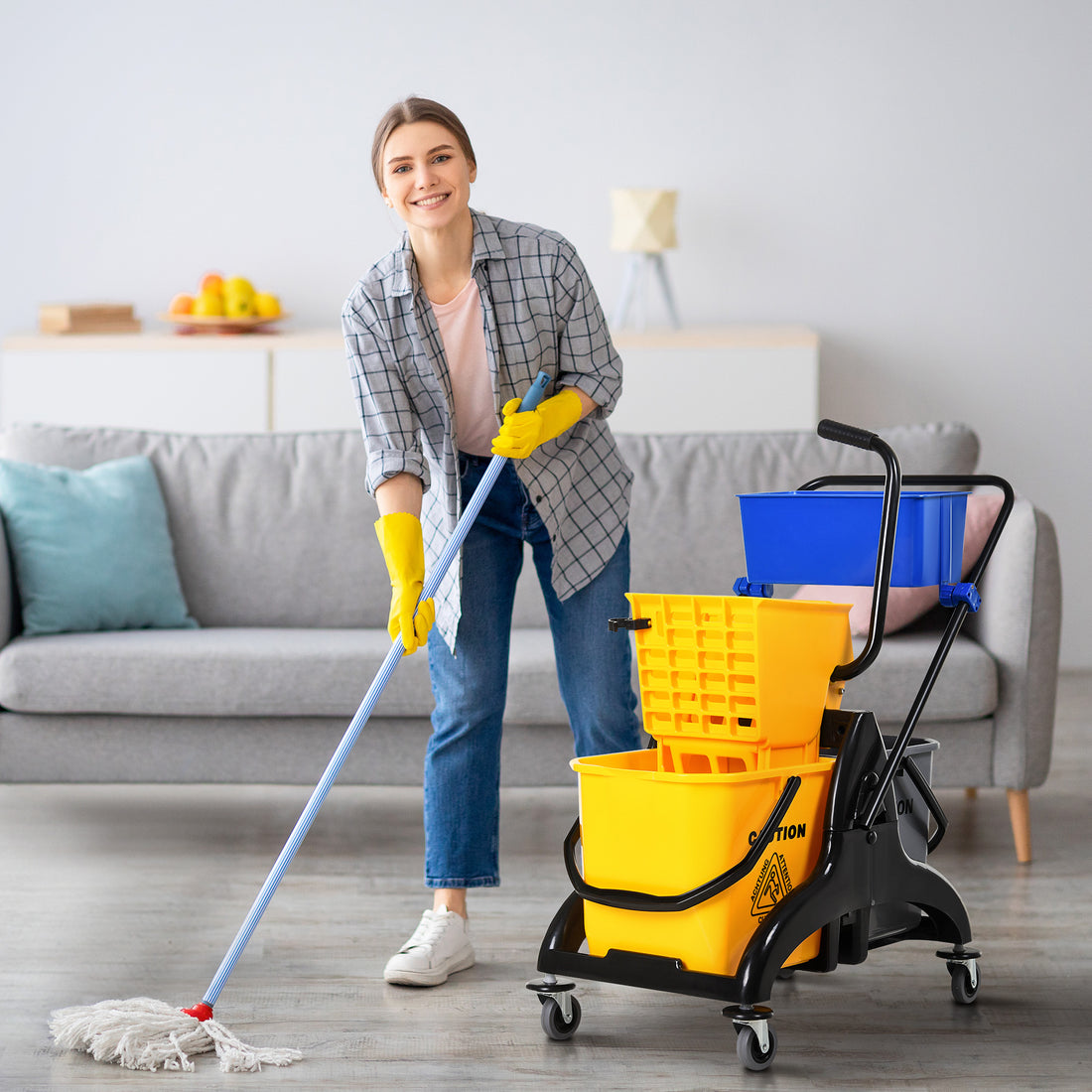 Homcom 6.9 Gallon Mop Water Bucket Wringer Cart With Easy To Use Side Press Wringer, Smooth Wheels, Mop Handle Holder Yellow Plastic