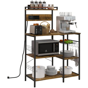 Homcom Bakers Rack With Power Outlet, Usb Charger, Microwave Stand, Coffee Bar With Wire Basket, Industrial Kitchen Shelves With 5 S Hooks For Spices, Pots And Pans, Rustic Brown Brown Particle Board