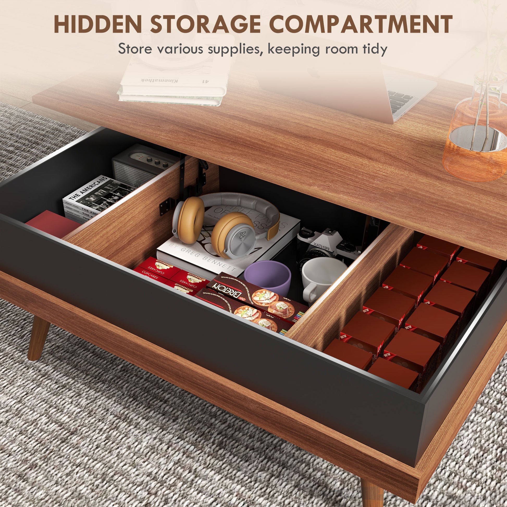Homcom Lift Top Coffee Table, 39.25" Coffee Table With Hidden Compartments And Wood Legs, Walnut Natural Particle Board