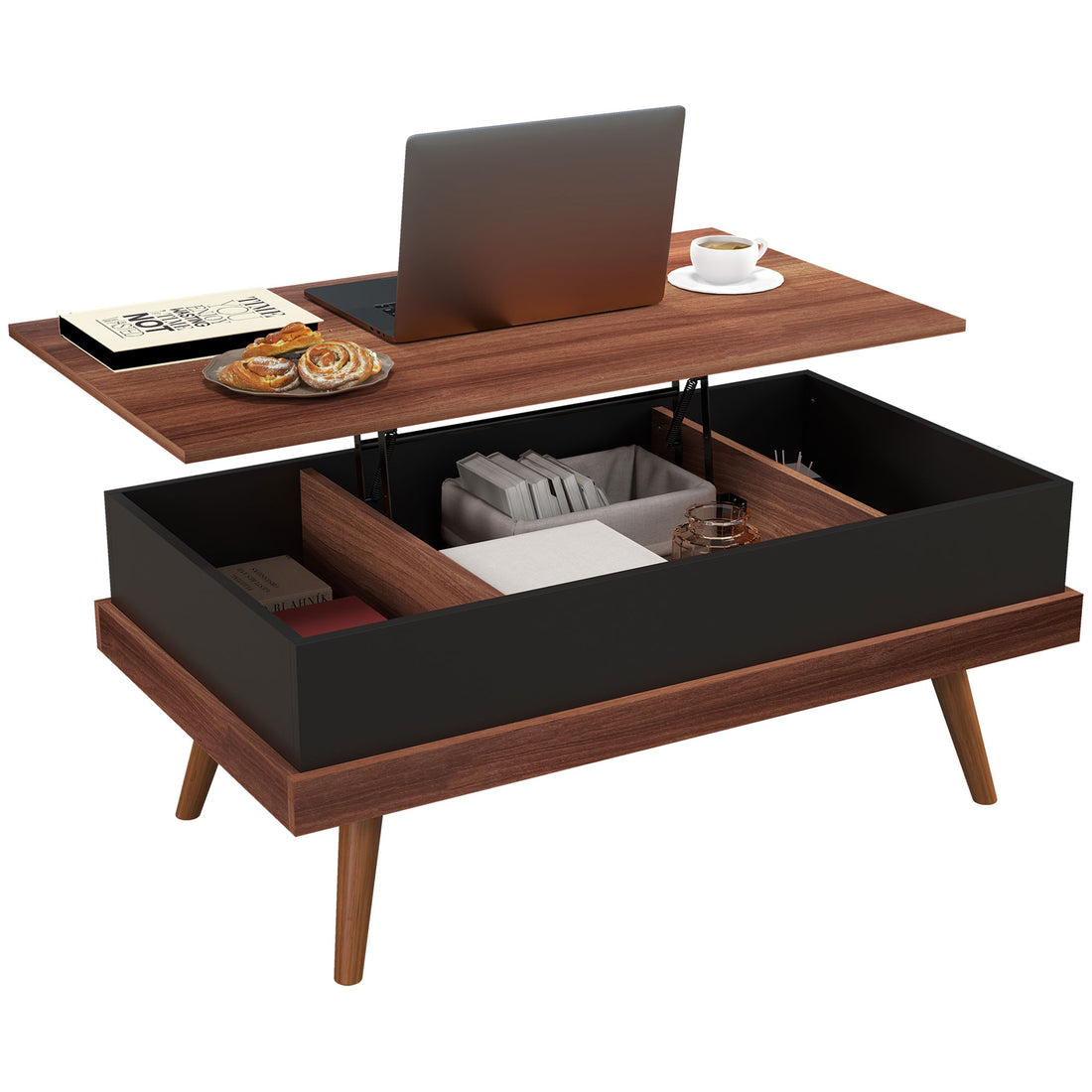Homcom Lift Top Coffee Table, 39.25" Coffee Table With Hidden Compartments And Wood Legs, Walnut Natural Particle Board